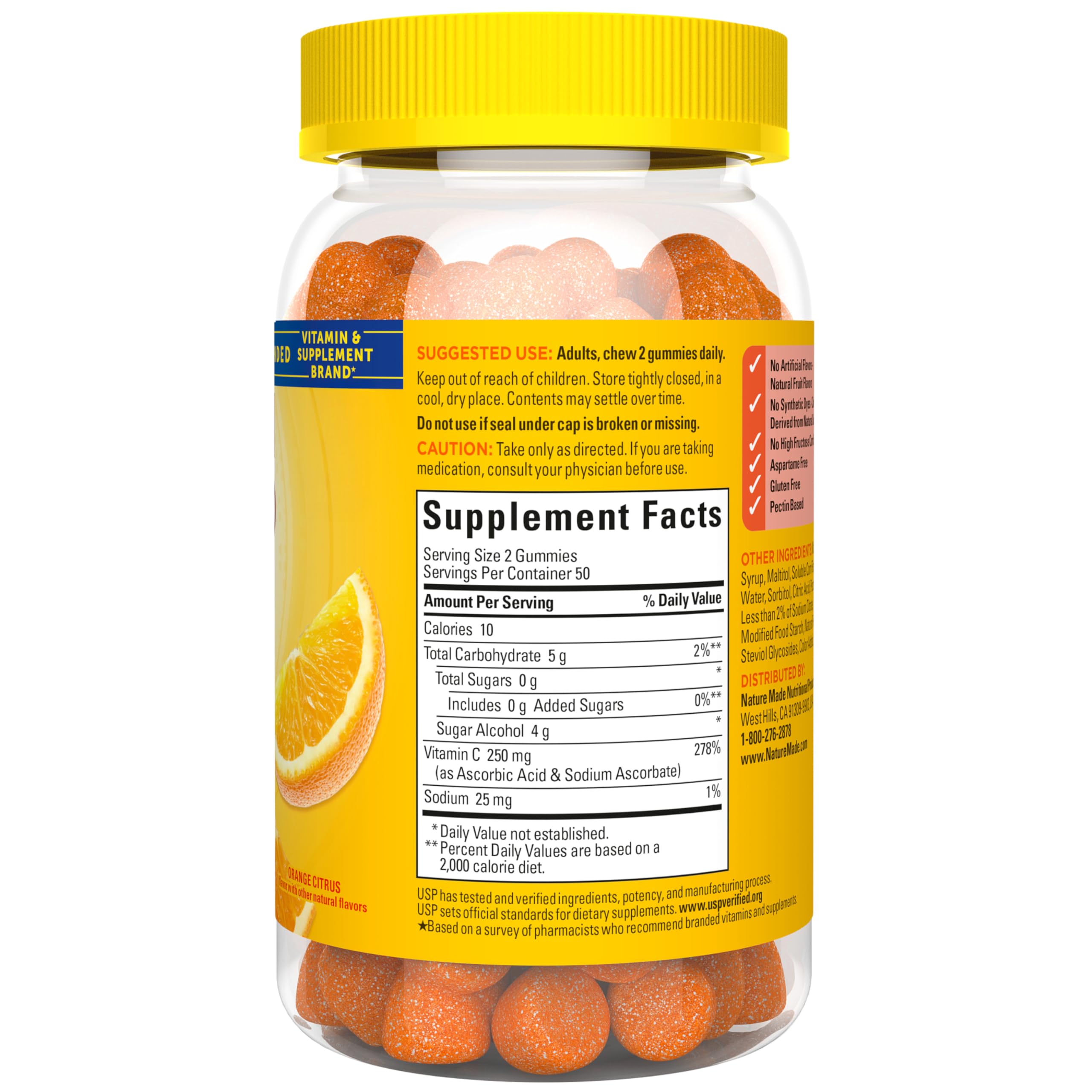 Nature Made Zero Sugar Vitamin C Gummies 250 mg Per Serving, Immune & Antioxidant Support, Aspartame Free