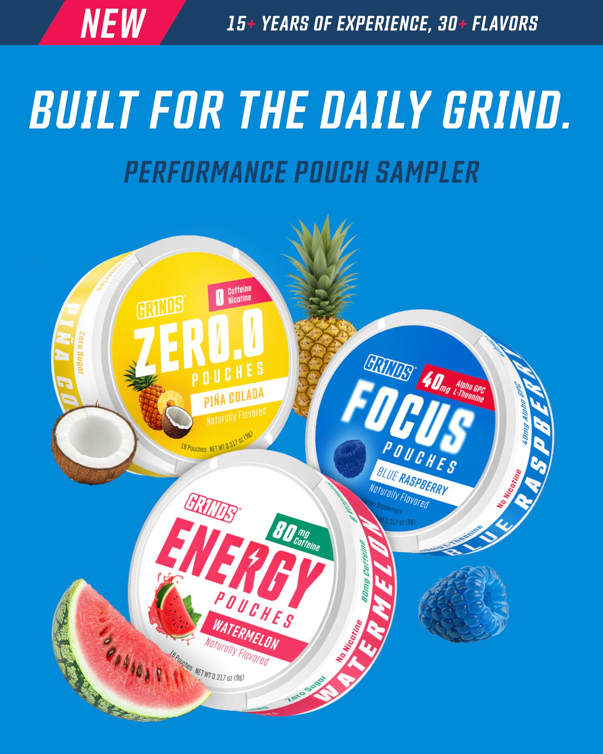 GRINDS Pouches Performance Sampler Pack - Includes Watermelon Energy, Caffeine-Free Piña Colada and Blue Raspberry Nootropic Pouches - Sugar-Free - Zero Calories GRINDS Au supplements