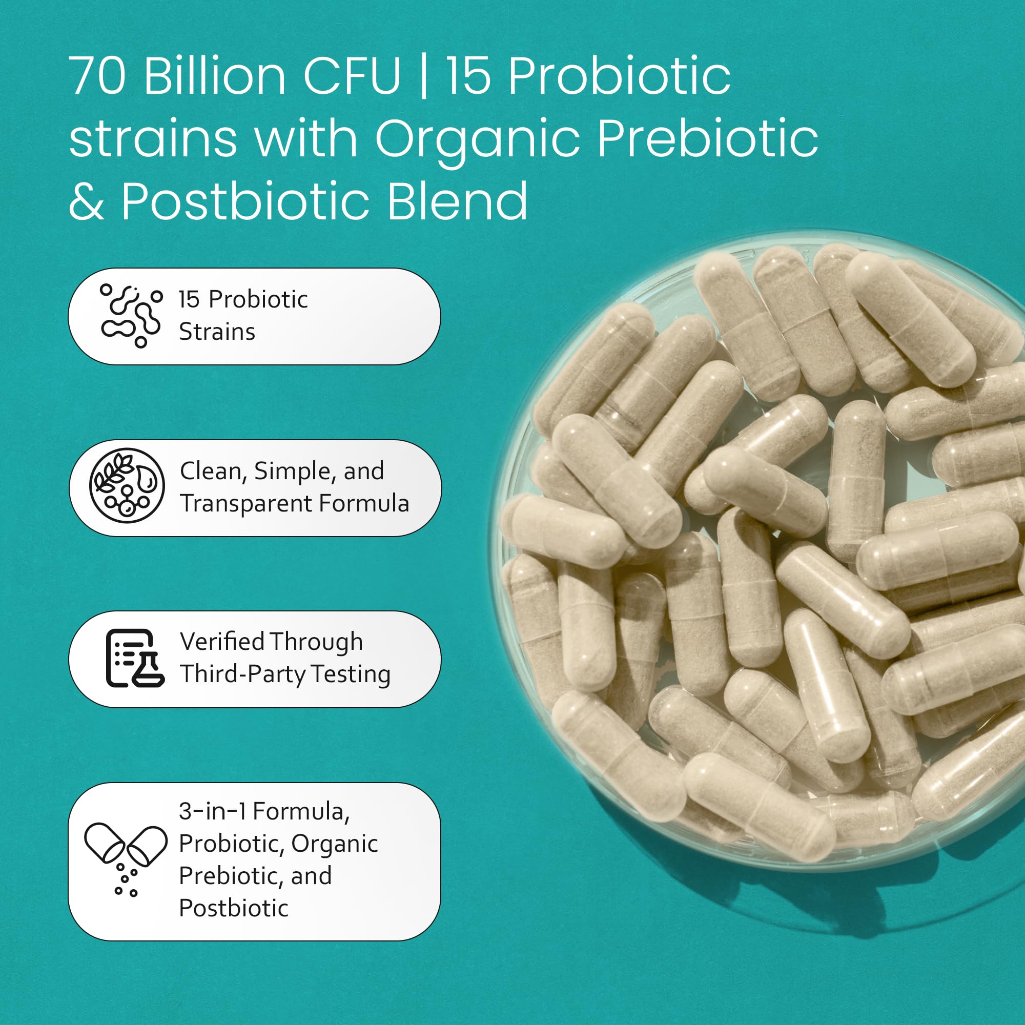 NaturaLife Labs Probiotics 70 Billion CFU – 15 Strains with Organic Prebiotic & Postbiotic – 3-in-1 Formula – 30 Vegan Capsules