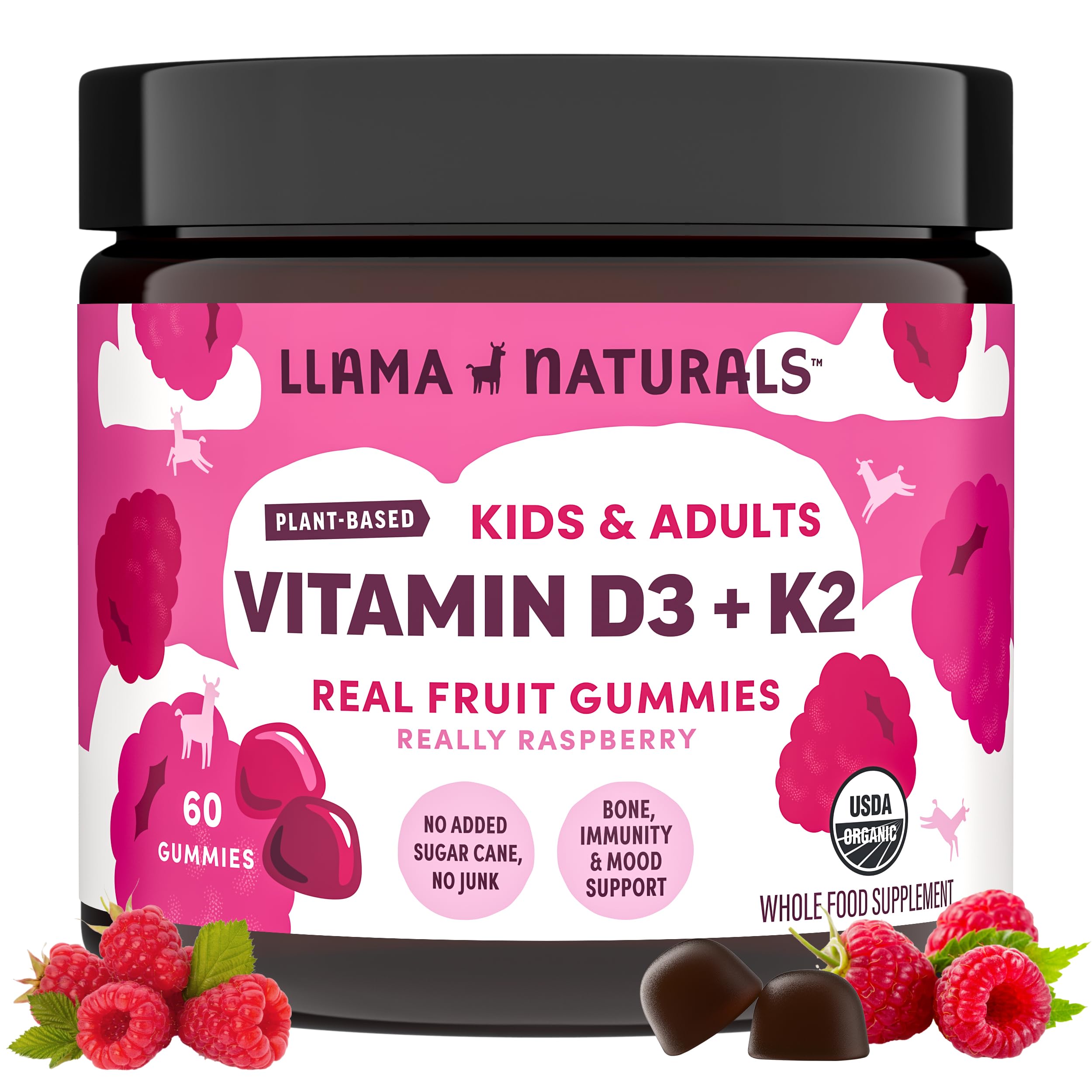 Llama Naturals Vitamin D3, Vegan, Organic Immune Support Supplement, Vitamin D Gummies for Adults and Kids, Real Fruit Gummy Vitamins, Promotes Bone Health