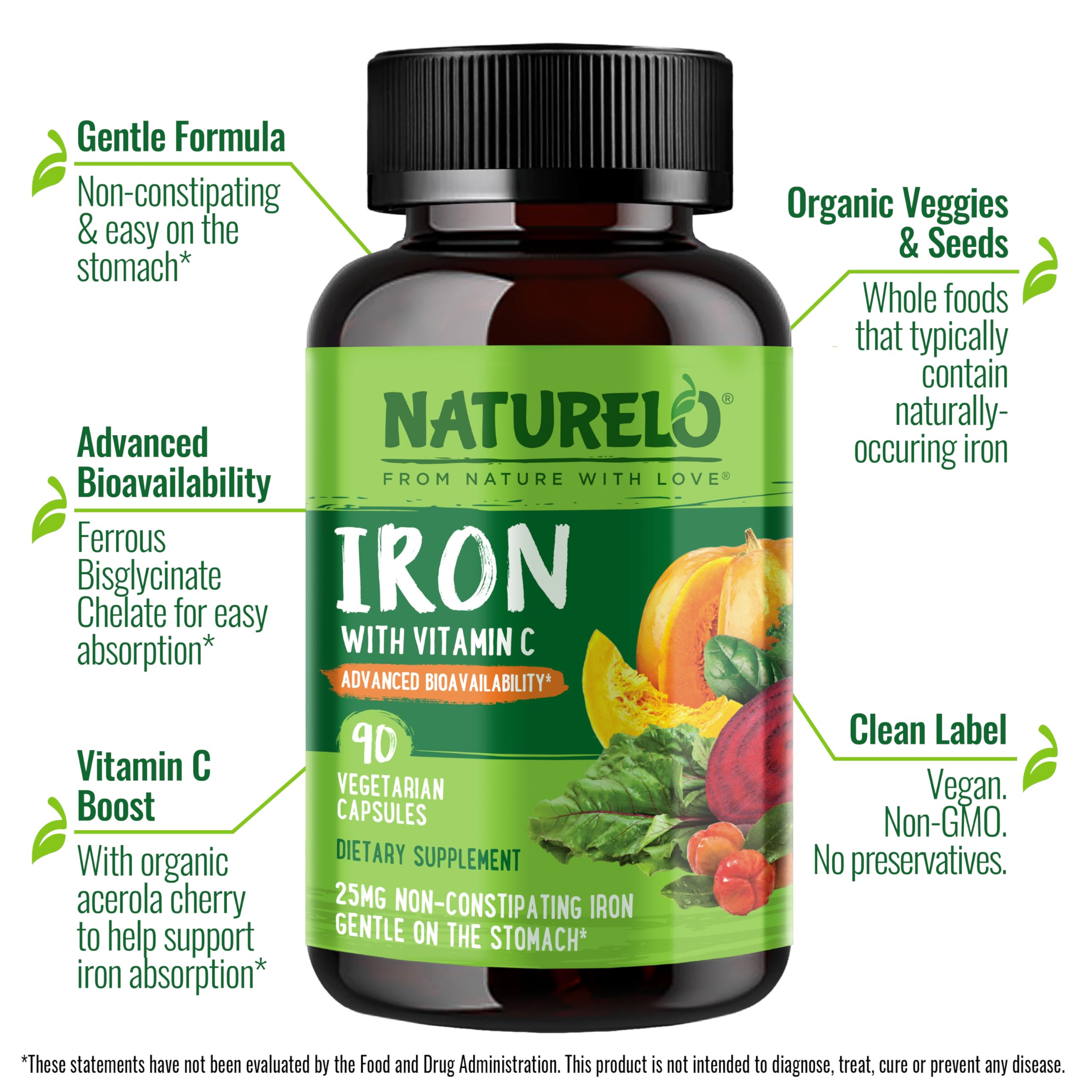 NATURELO Vegan Iron Supplement with Vitamin C and Organic Whole Foods - Gentle Iron Pills for Women & Men with Iron Deficiency Including Pregnancy