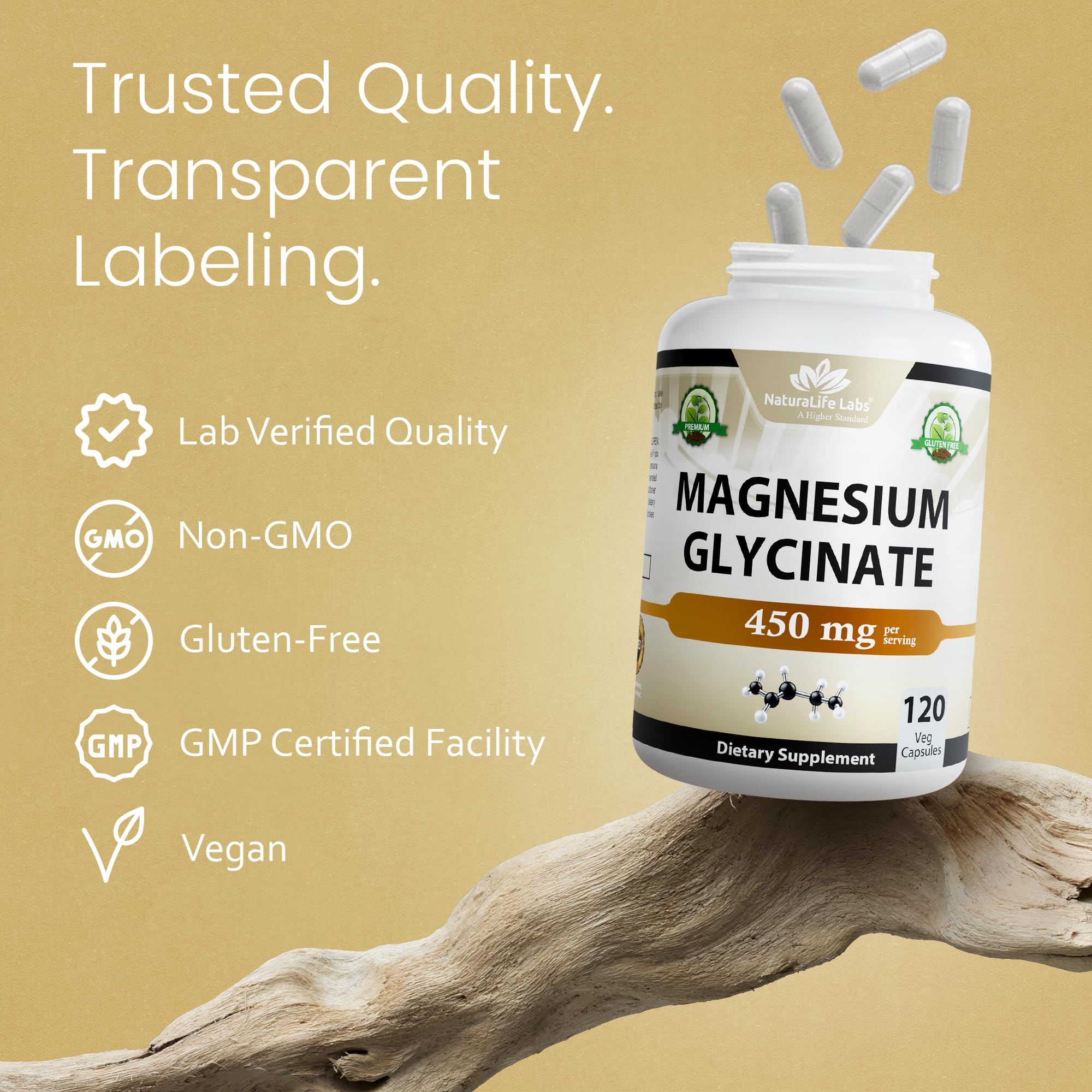 NaturaLife Labs Magnesium Glycinate - 450 mg per Serving – 120 Vegan Capsules - Non-GMO, Gluten-Free, Vegan