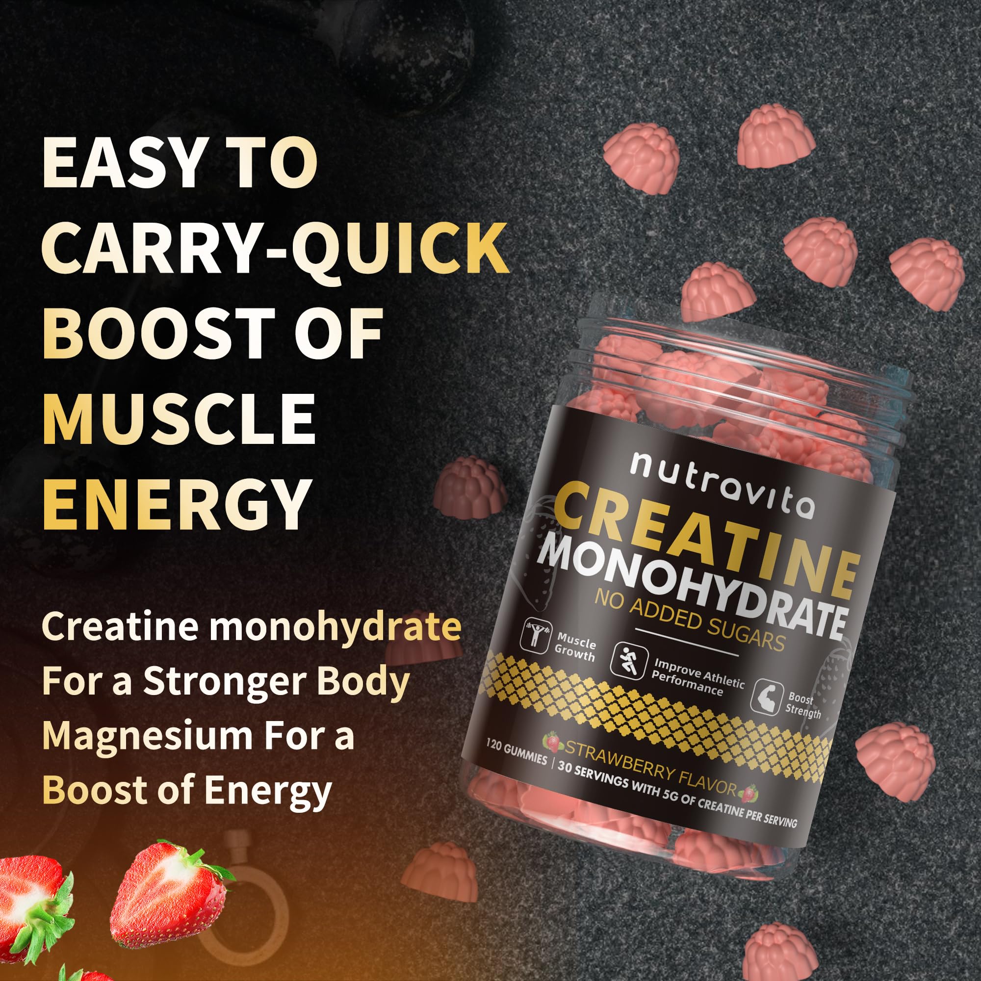Nutravita NSF Certified Creatine Gummy - Creatine Monohydrate Gummies for Men & Women-5g of Creatine Monohydrate per Serving - Sugar Free,