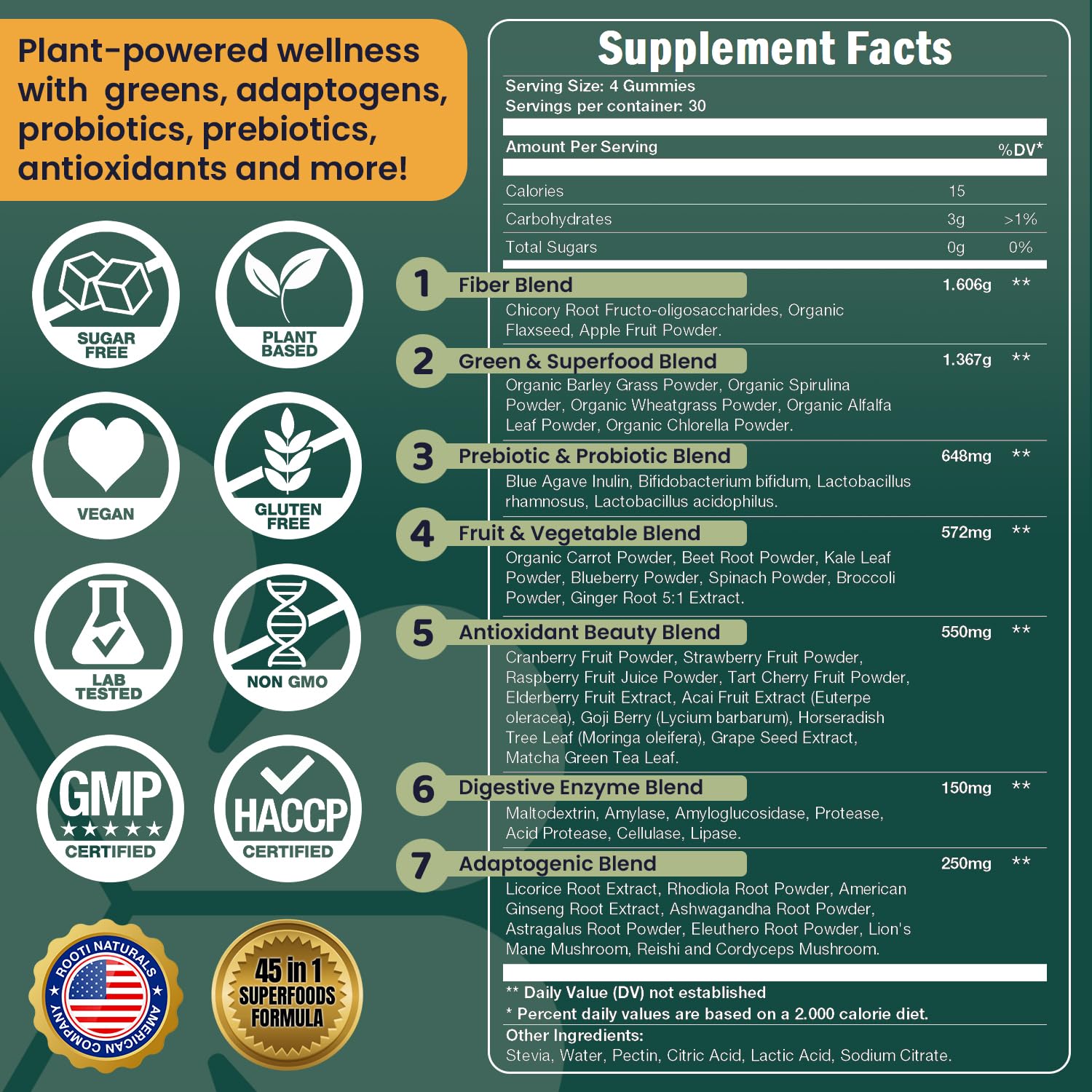 ROOTI Greens + Superfoods Gummies for Adults – 7-in-1 Whole Food Supplement, Spirulina, Lion’s Mane, Probiotics, Fiber & Digestive Enzymes Vegan, Sugar-Free,
