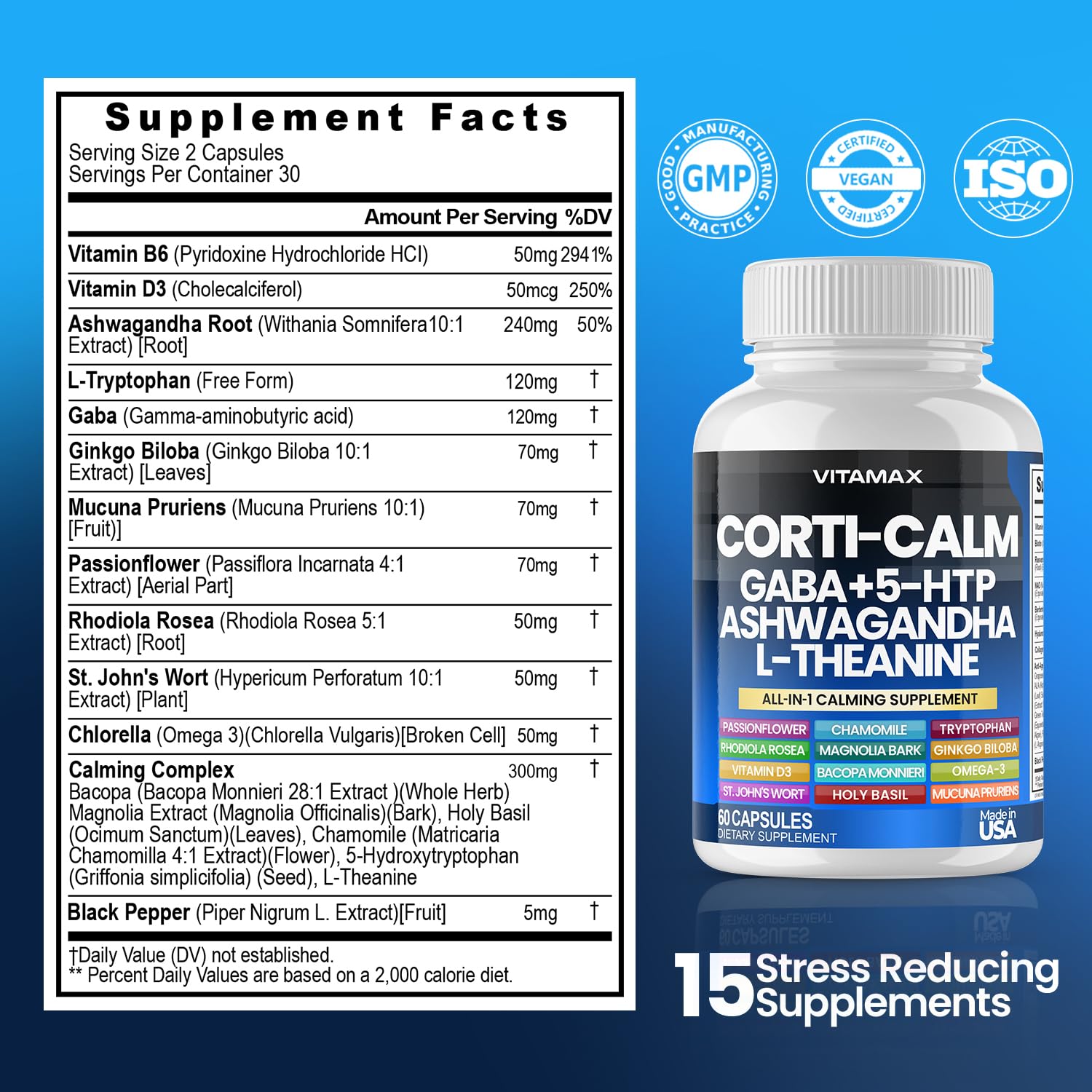 Corti-Calm Cortisol Supplement, L Theanine, Ashwagandha, Vitamin D 3, GABA for Relaxation, Fatigue & Focus with Ginkgo Biloba, Bacopa Monnieri, 5-HTP – Non-GMO, Made in USA – 60ct Vitamax Au supplements