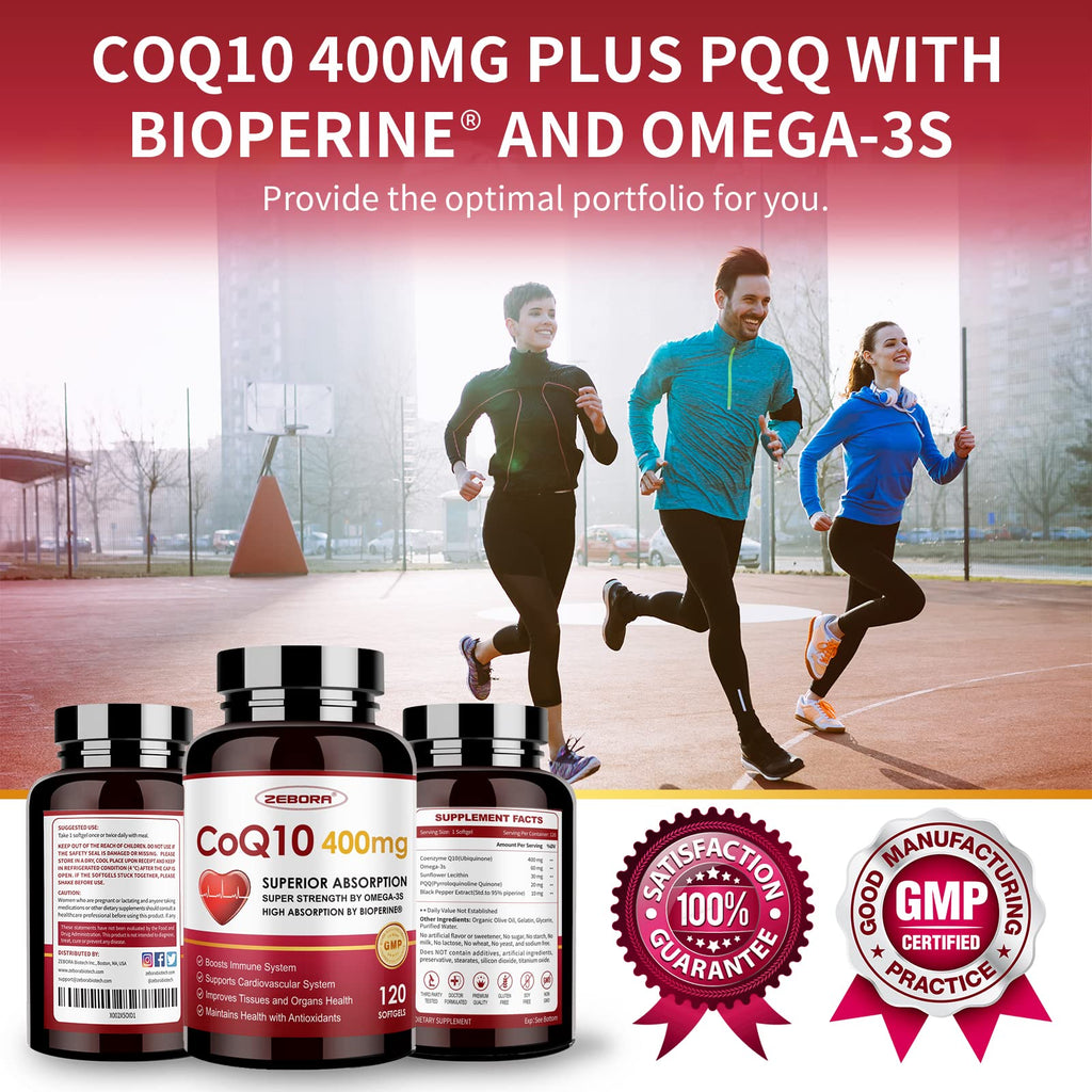 ZEBORA CoQ10-400mg-Softgels with PQQ, BioPerine & Omega-3, Coenzyme Q10(Ubiquinone) Supplement for High-Absorption, Powerful-Antioxidant