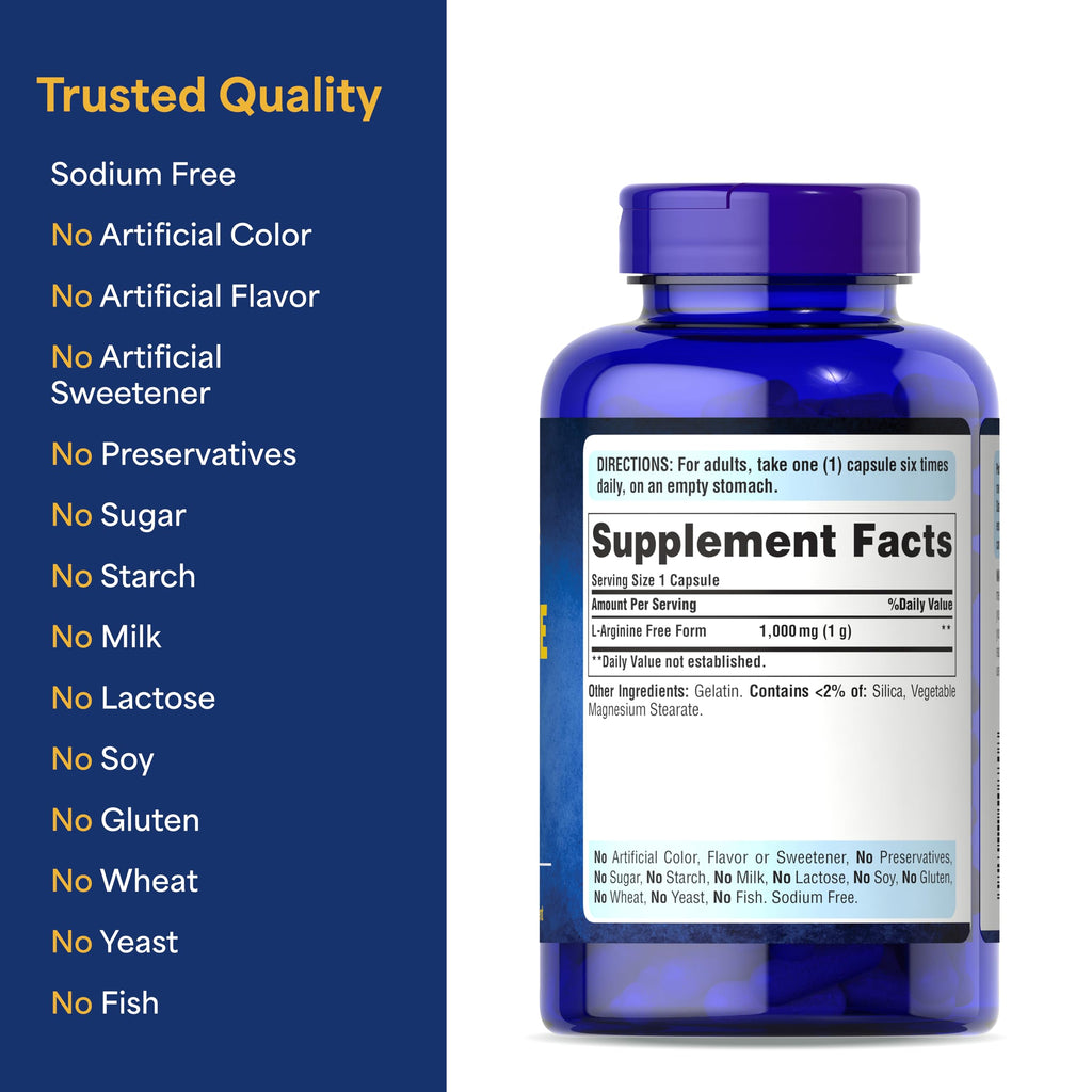 Puritan's Pride L-Arinine 1000mg, Dietary Supplement Supports Nitric Oxide Levels and Heart and Circulatory Heath, 100 Day Supply, 100 Tablets
