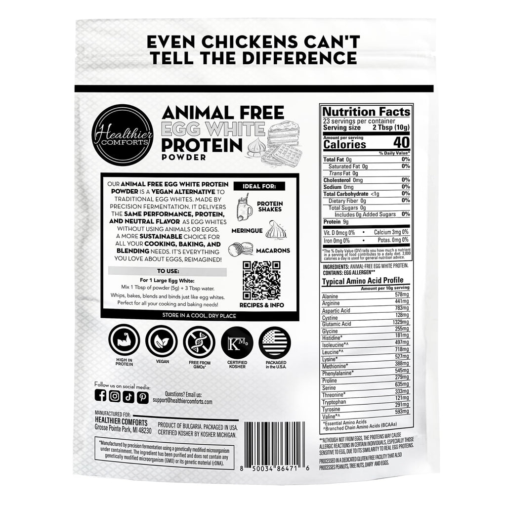 Healthier Comforts Animal-Free Egg White Protein Powder | Make Vegan Egg Omelets, Angel Food Cake, Meringue, Protein Shakes | Whips and Binds Just Like Traditional Egg Whites (8 oz)