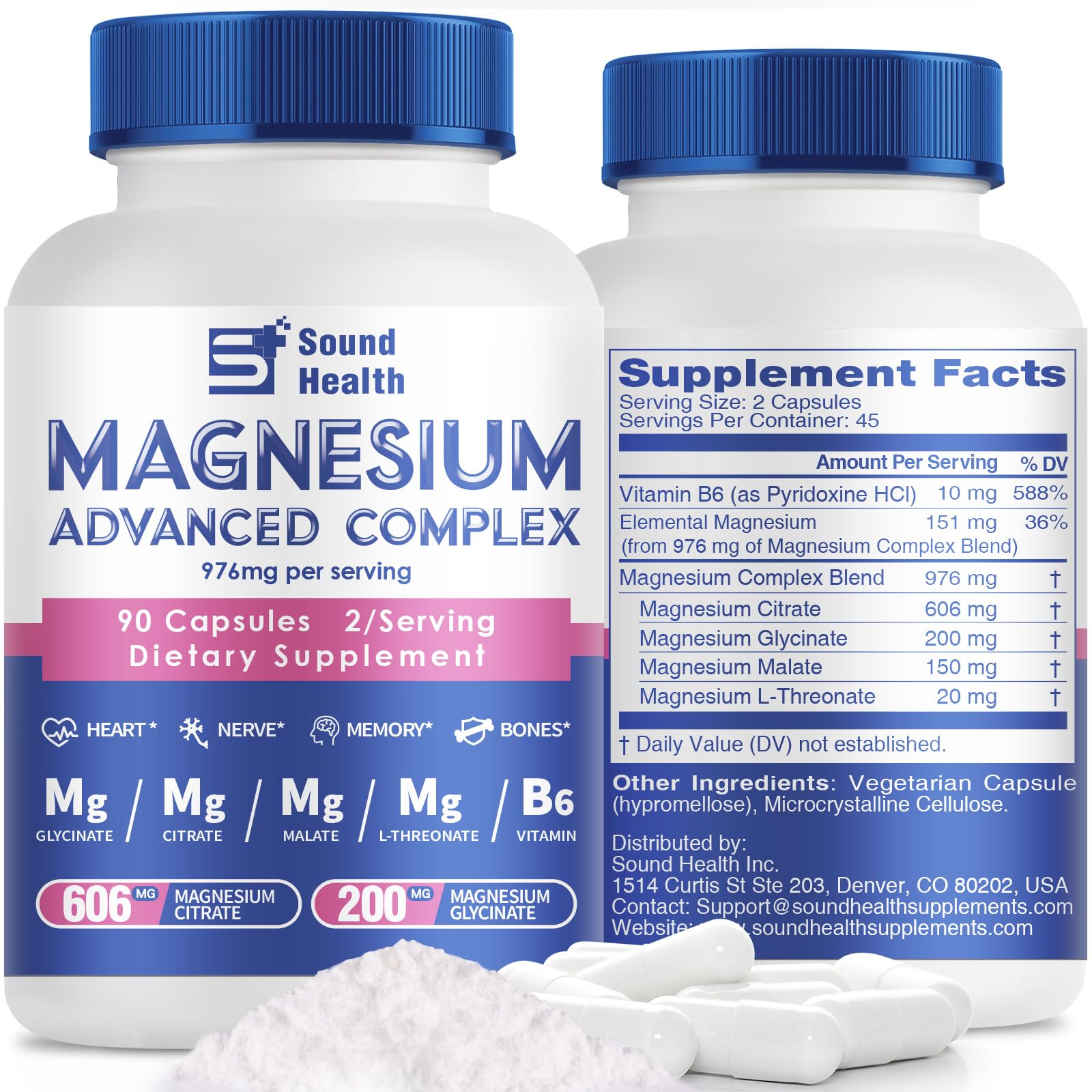 5 in 1 Magnesium Complex Capsule 976mg wtih Magnesium Glycinate, Citrate, Malate, L-Threonate & Vitamin B6, High Absorption Magnesium Complex for Women & Men, Third-Party Tested, Vegan, Non-GMO Sound Health Plus Au supplements
