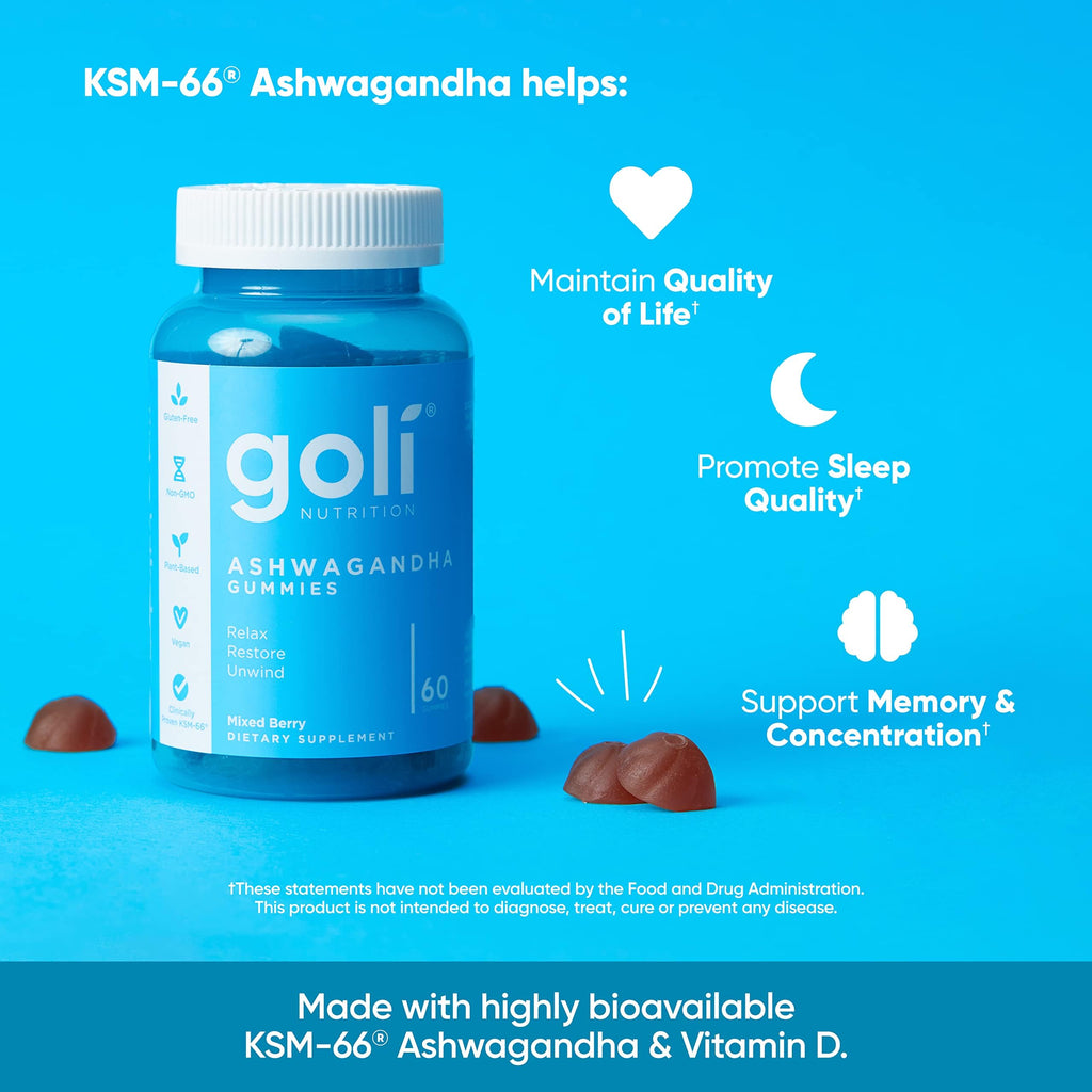 Goli Ashwagandha & Vitamin D Gummy - 60 Count - Mixed Berry, KSM-66, Vegan, Plant Based, Non-GMO, Gluten-Free & Gelatin Free Relax. Restore. Unwind, Pack of 1 Goli Au supplements