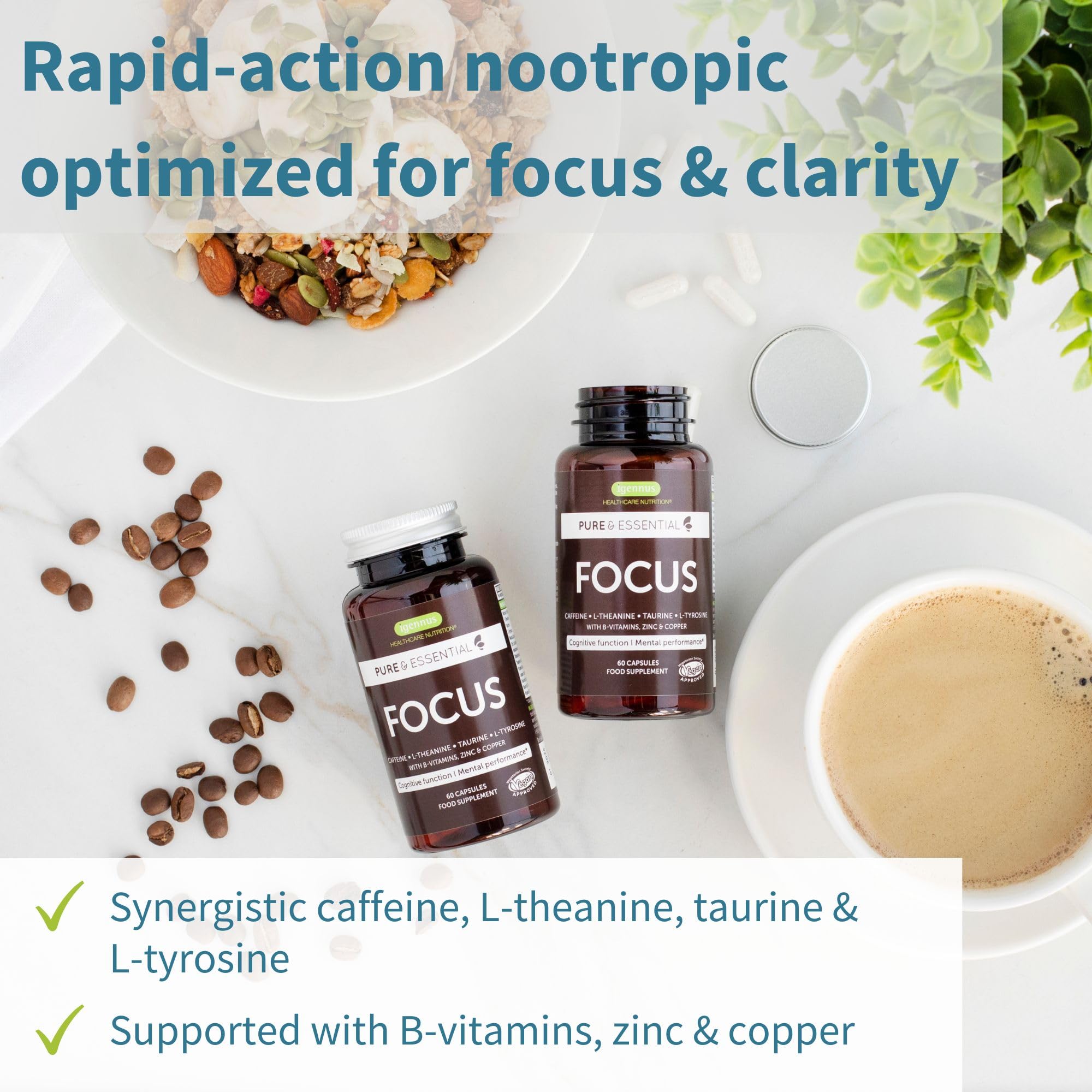Igennus Focus - Nootropic with 200mg Natural Caffeine, Methylated B Vitamins, L-Theanine, Taurine, L-Tyrosine, Clean Energy, Brain Booster & Cognitive Performance, Non Jittery, 60 Capsules Igennus Healthcare Nutrition Au supplements