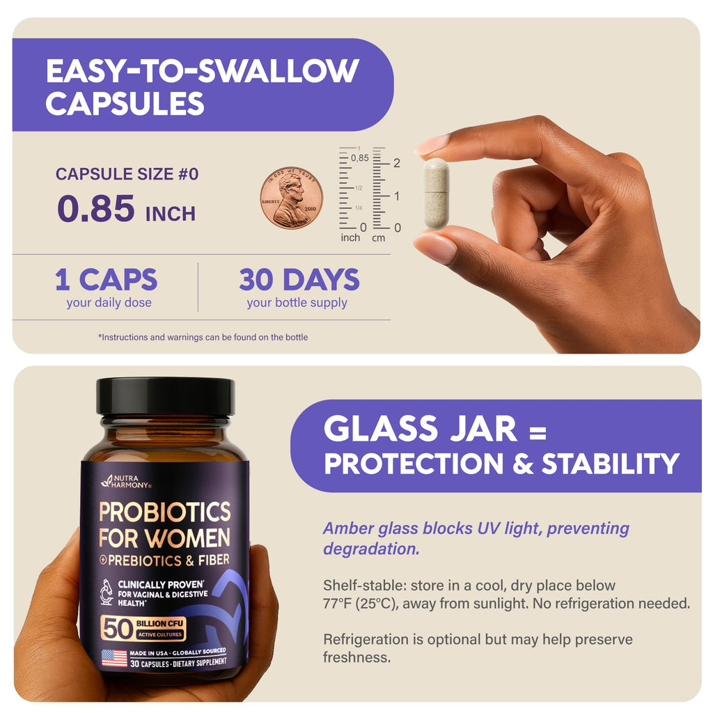 Probiotics for Women 50 Billion CFU - Vaginal Probiotics Clinically Proven for Yeast & pH Balance - Digestion & Bloating Relief - 8 Strains + Prebiotics - Delay Release - Made in USA, 30 Capsules NUTRAHARMONY Au supplements