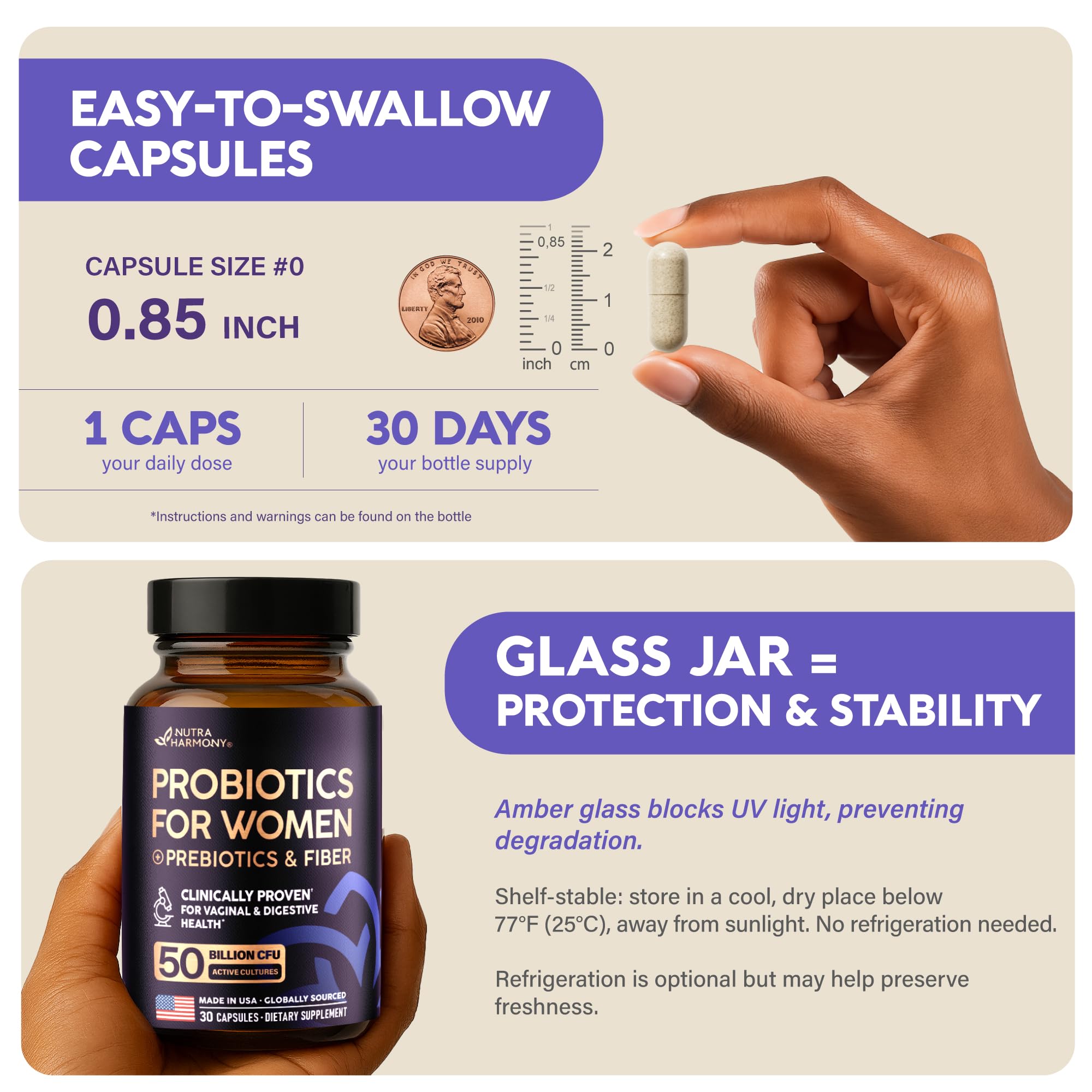 Probiotics for Women 50 Billion CFU - Vaginal Probiotics Clinically Proven for Yeast & pH Balance - Digestion & Bloating Relief - 8 Strains + Prebiotics - Delay Release - Made in USA, 30 Capsules NUTRAHARMONY Au supplements