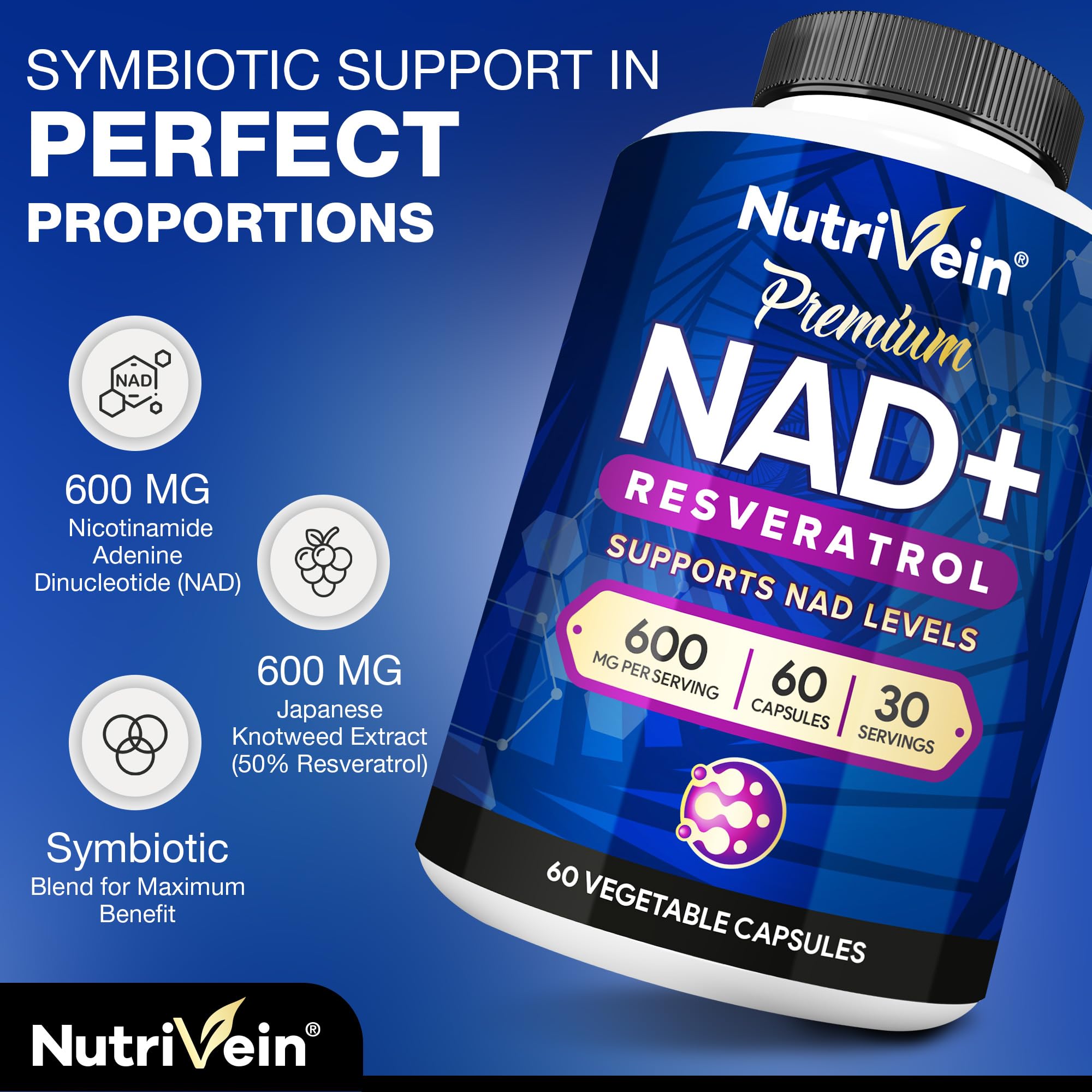 Nutrivein Premium NAD + Resveratrol Supplement 600 mg - 30 Servings (60 Capsules): Powerful Synergistic NAD Resveratrol Supplement - Aging, Cognition, Metabolism, & Overall Well-Being Nutrivein Au supplements