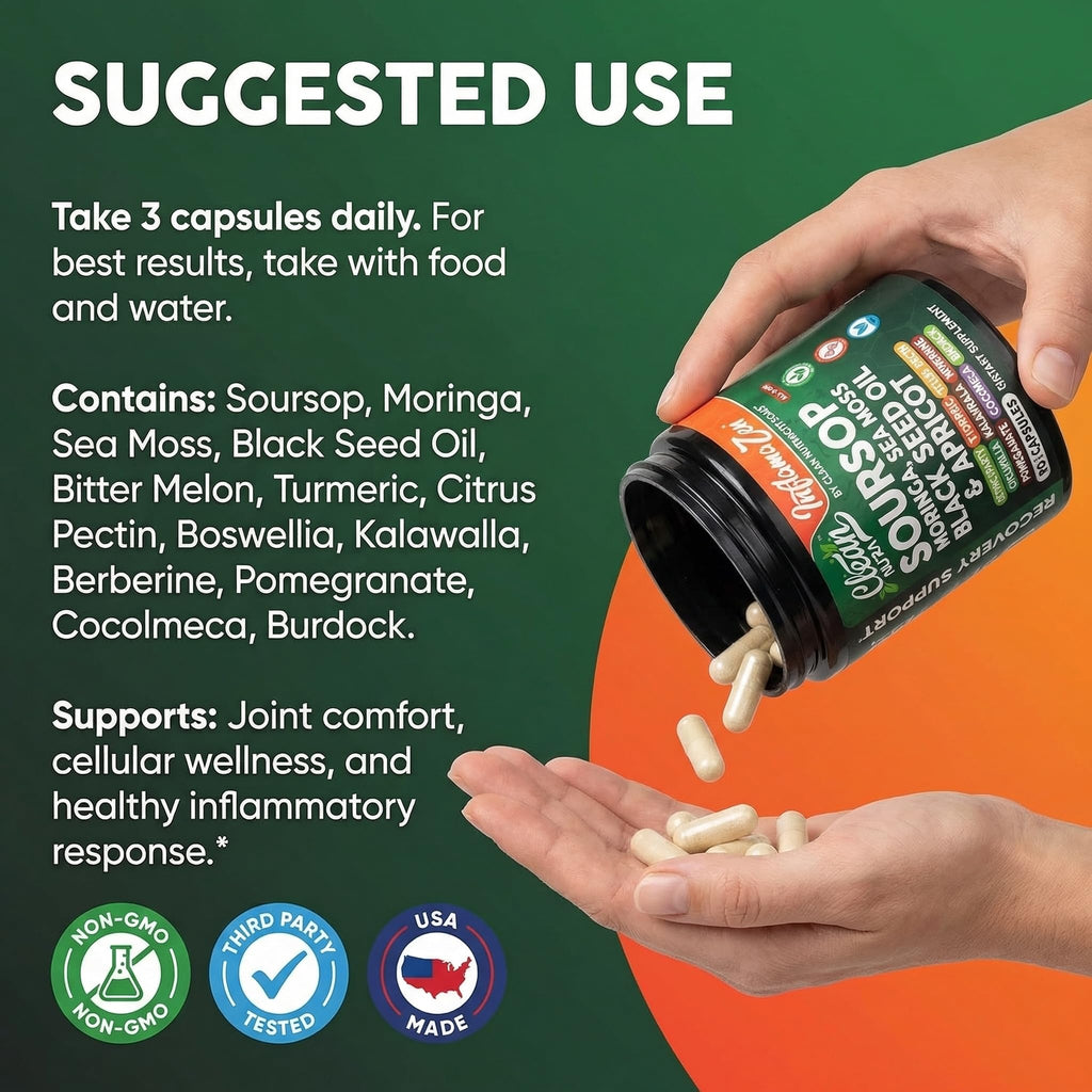 Clean Nutra Soursop Supplement Moringa Sea Moss Black Seed Oil Berberine Turmeric Resveratrol Quercetin Greens Bitters Boswellia Bitter