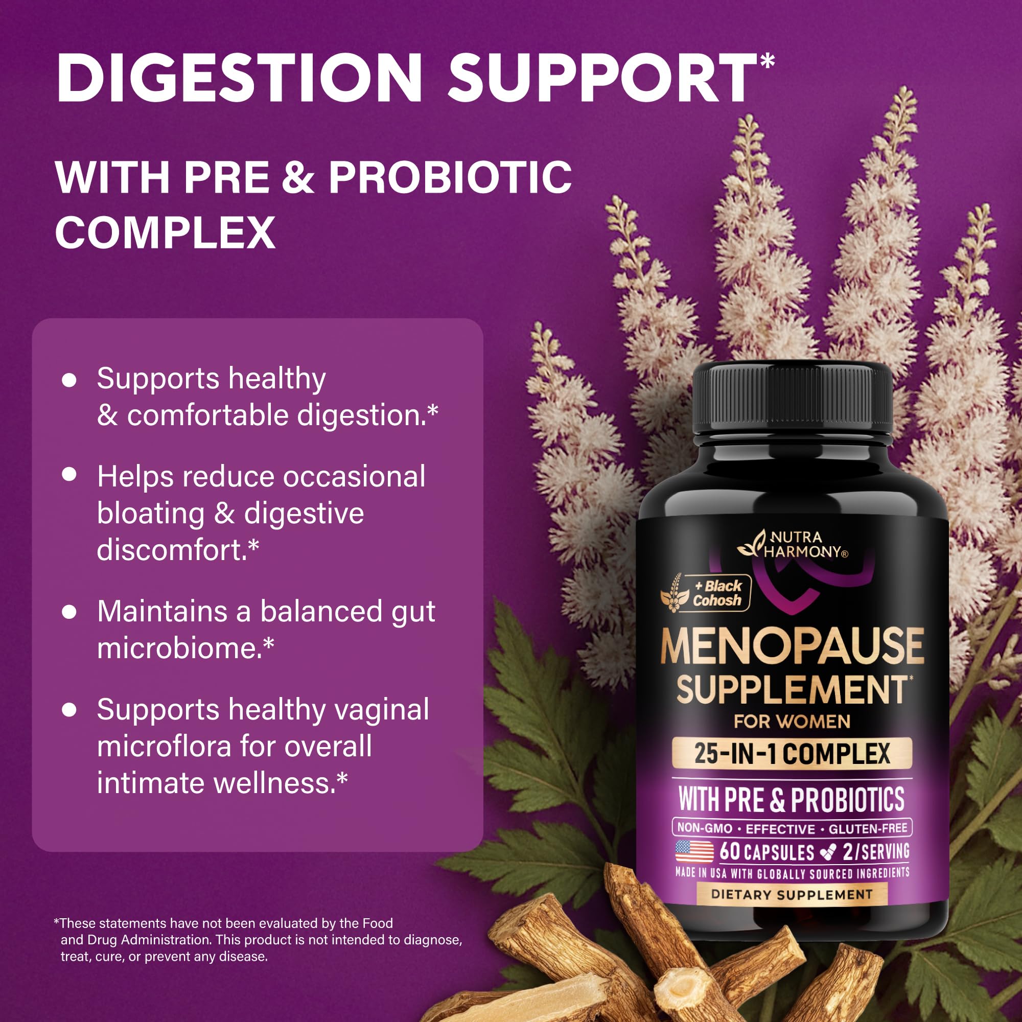 Menopause Supplements for Women - Dong Quai, Black Cohosh, Pre & Probiotics - Sweats & Hot Flashes Relief - Digestion, Sleep & Mood Support - 25-in-1 Perimenopause Complex