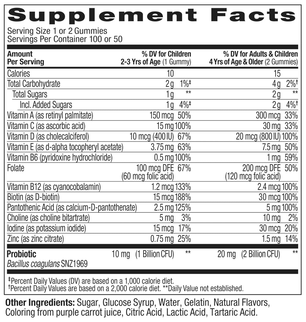 OLLY Kids Multivitamin & Probiotic Gummy, Digestive Support, Vitamins A, D, C, E, B, Zinc, Chewable Supplement, Berry Flavor, 50 day supply - 100 Count