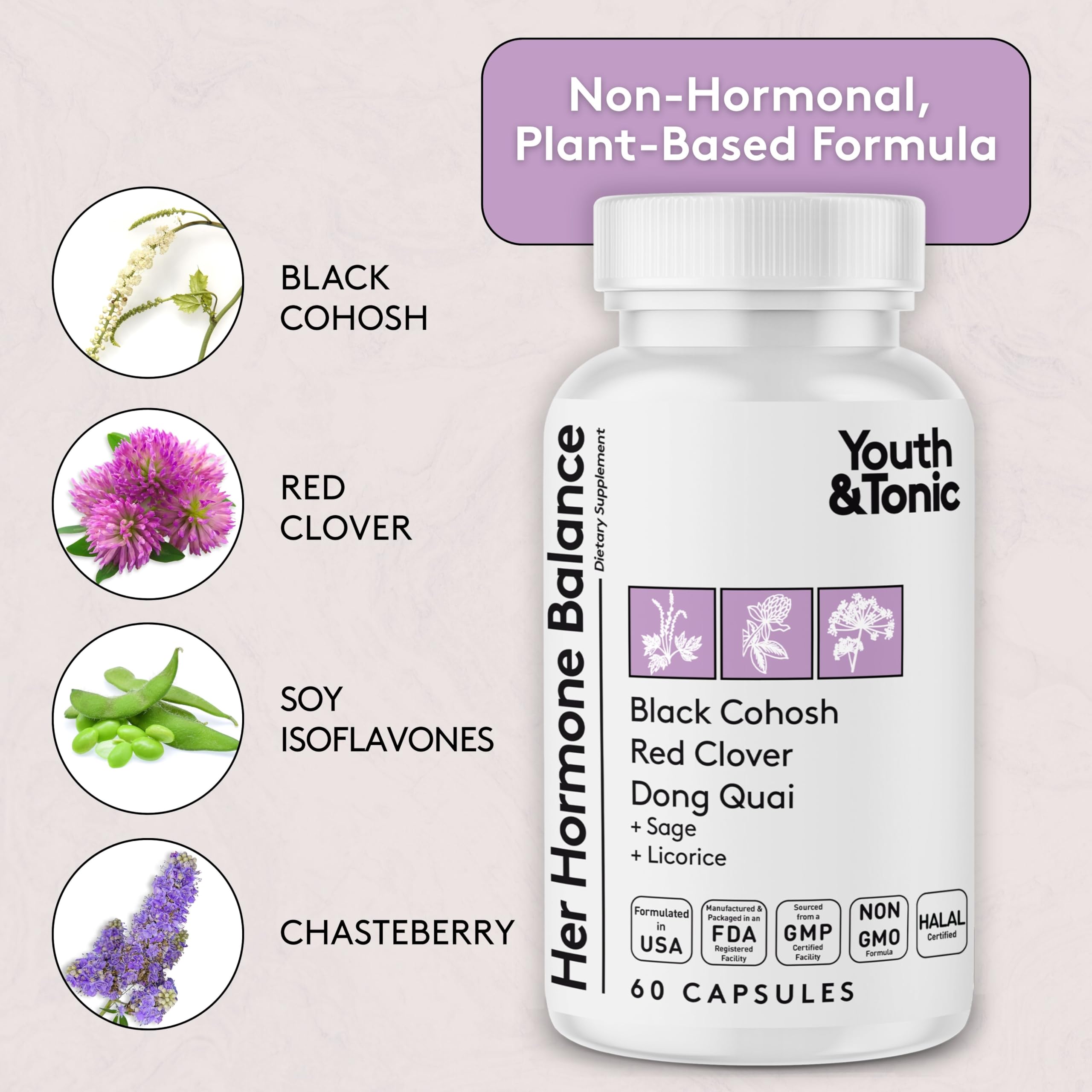 Youth & Tonic Her Hormone Balance – Menopause Supplement for Women, Perimenopause Support, Non-Hormonal Herbal Formula with Black Cohosh for Hot Flashes & Night Sweats, 60 Capsules Youth & Tonic Au supplements