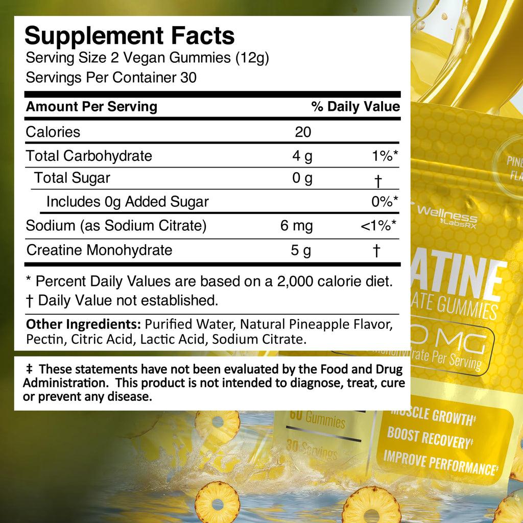 Creatine Gummies 5000mg, 30 Servings Creatine Monohydrate Gummies - Third-Party Tested Creatine for Women, Pineapple Flavor Creatine for Men, Muscle Growth,