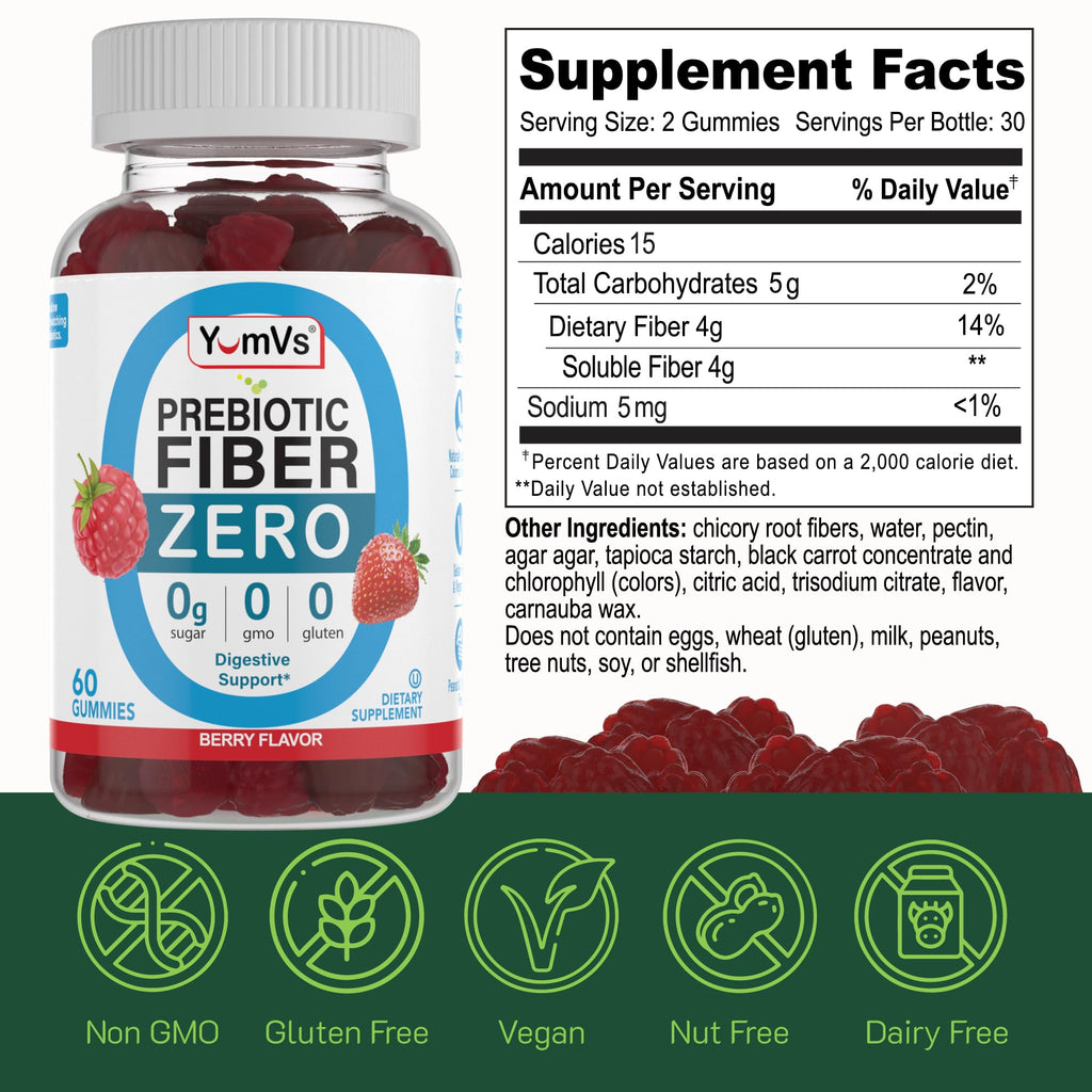 YumVs Sugar Free Prebiotic Fiber Gummies for Adults and Kids - Berry Flavor - Kosher Halal 4g High Fiber Supplement for Women and Men