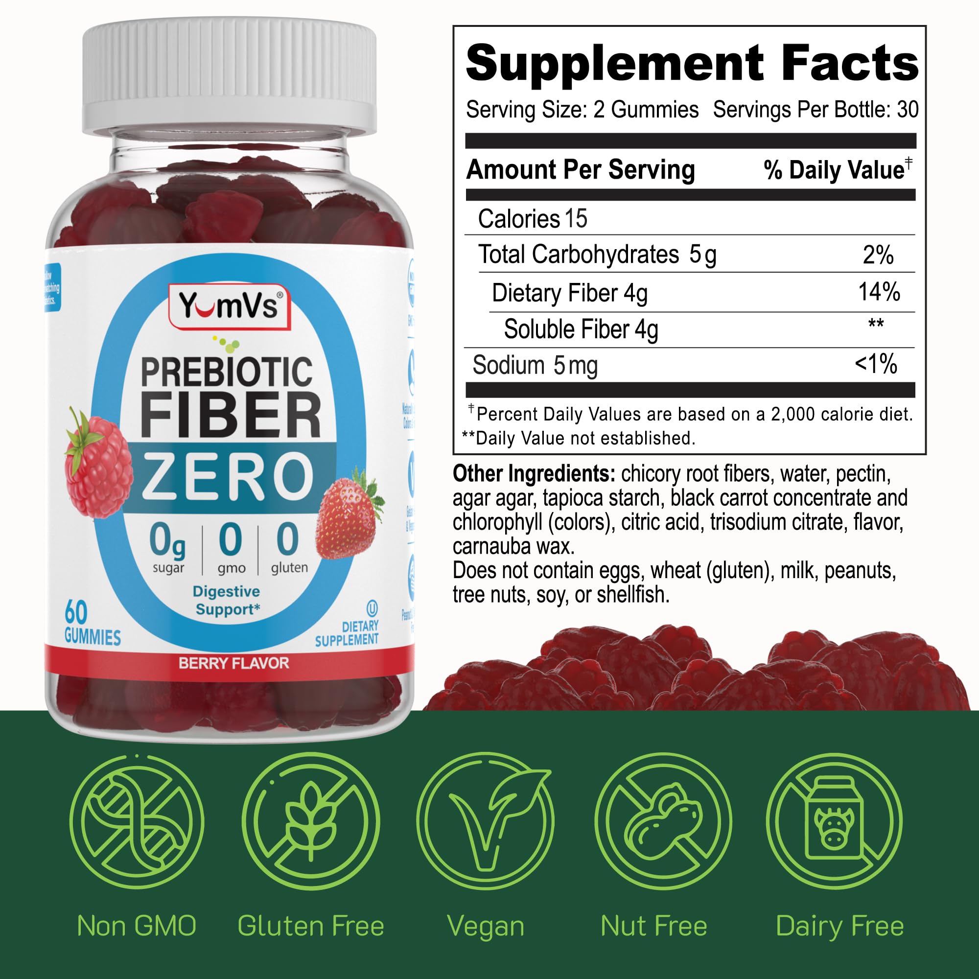 YumVs Sugar Free Prebiotic Fiber Gummies for Adults and Kids - Berry Flavor - Kosher Halal 4g High Fiber Supplement for Women and Men