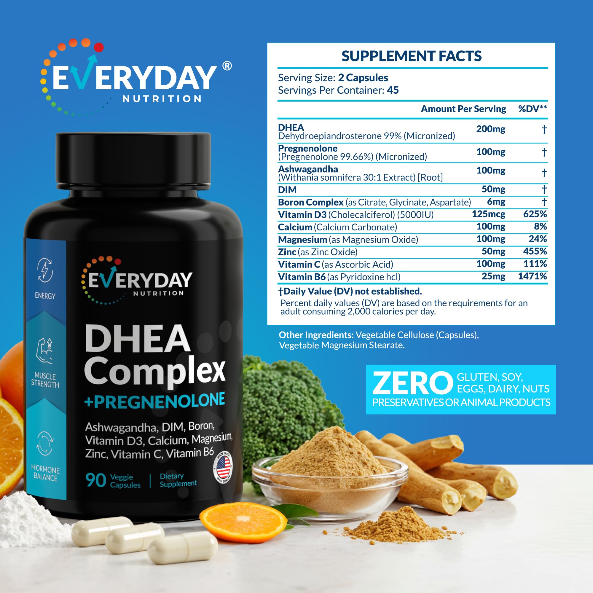 DHEA Micronized 200mg Complex with Pregnenolone 100mg Supplement for Men & Women with Ashwagandha, DIM, Magnesium, Boron, Calcium , Zinc, Vitamin D3, C and B6 Hormone Support - Made in USA 90 Capsules EVERYDAY NUTRITION Au supplements