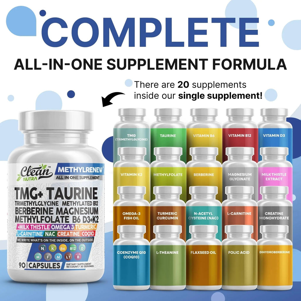 Clean Nutra TMG Supplements 1000mg | Methylated Multivitamin for Women Men | Taurine B6 Vitamins B12 D3 K2 Trimethylglycine Magnesium Clean Nutraceuticals Au supplements
