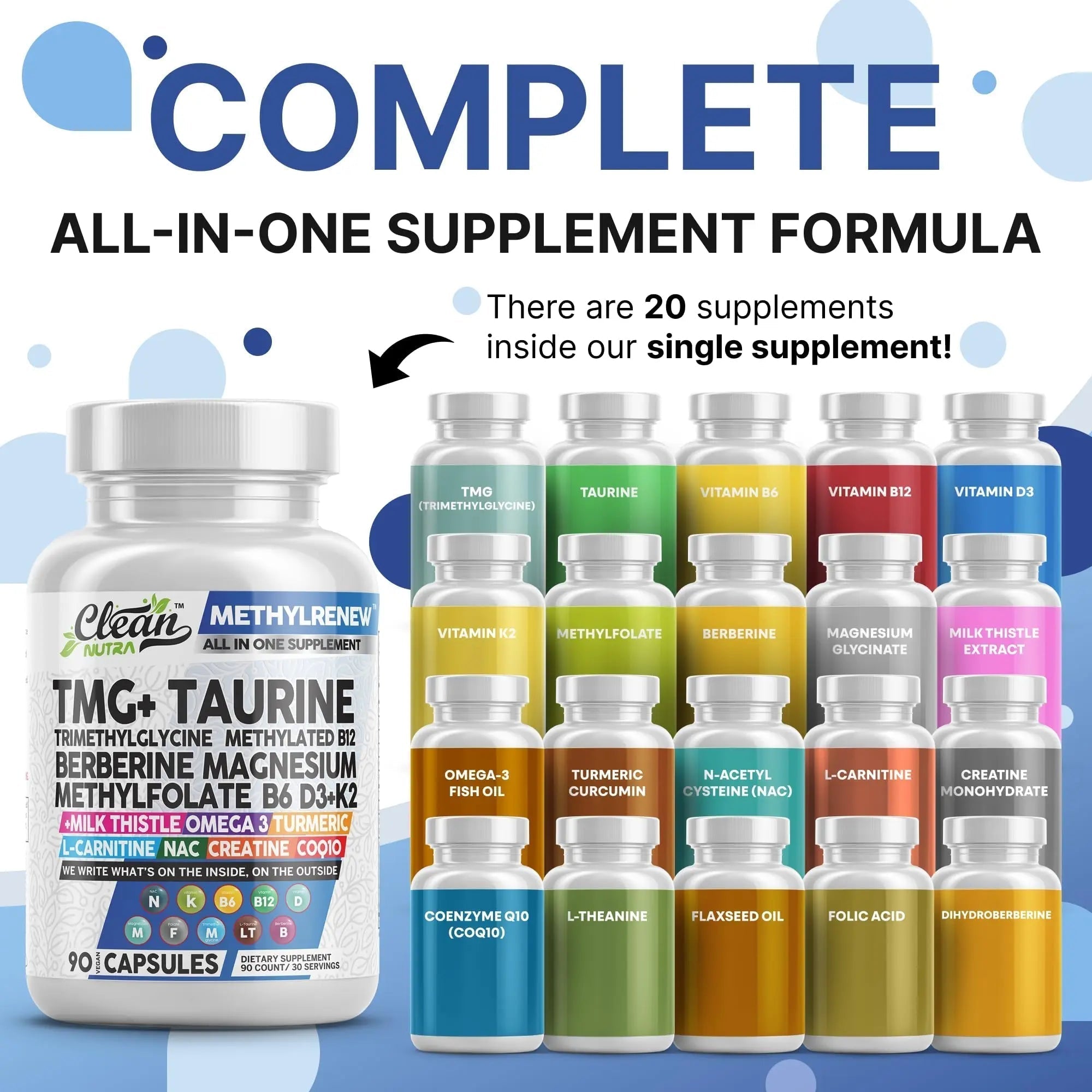 Clean Nutra TMG Supplements 1000mg | Methylated Multivitamin for Women Men | Taurine B6 Vitamins B12 D3 K2 Trimethylglycine Magnesium Clean Nutraceuticals Au supplements