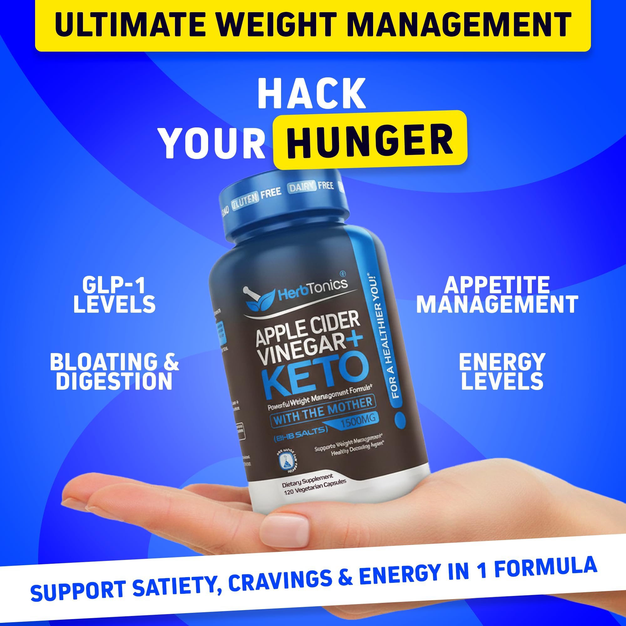Herbtonics Apple Cider Vinegar + Keto BHB Capsules |  Support for Appetite, Cravings & Weight Management | Metabolism Support with Satiety Support
