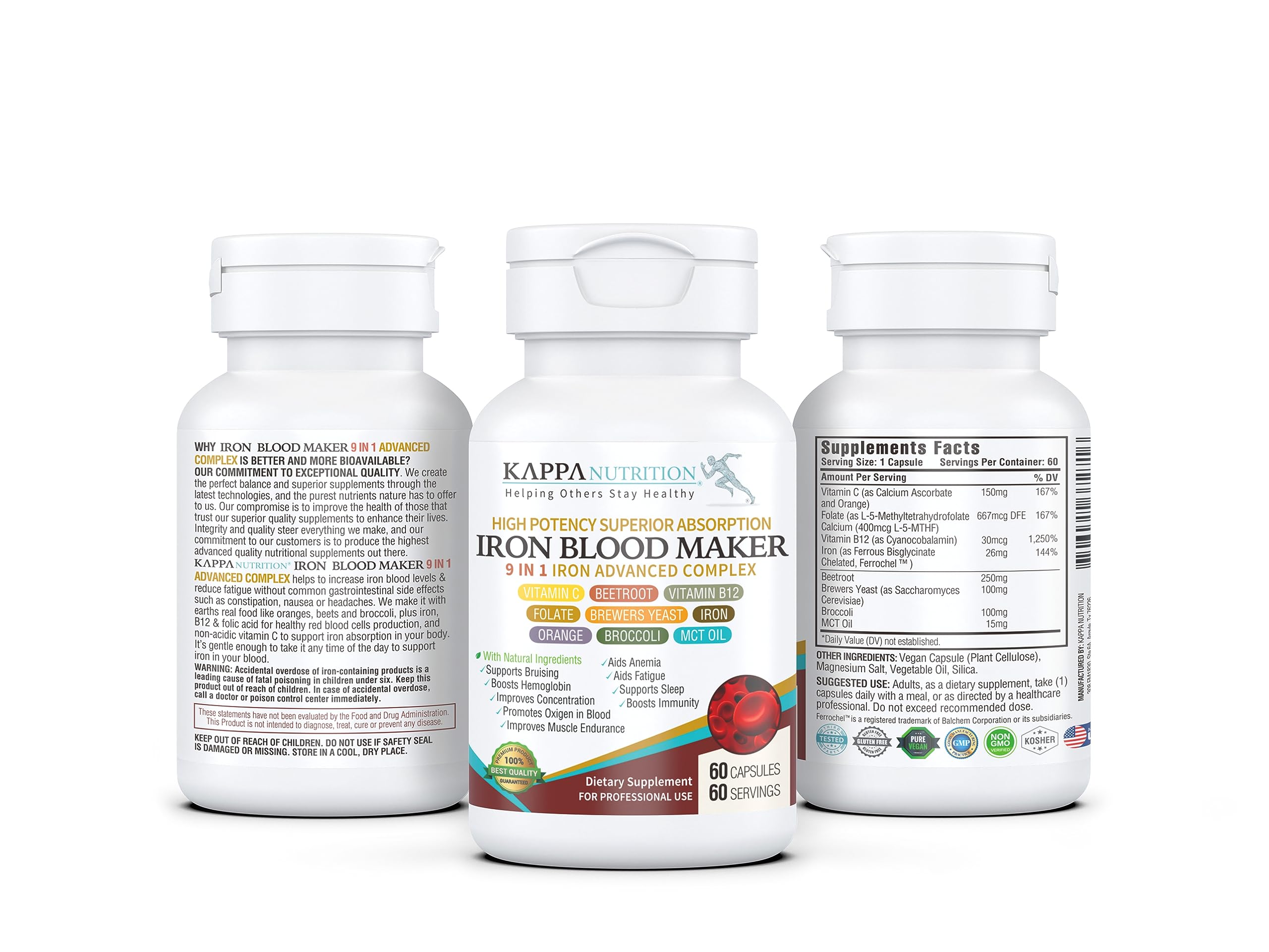 KAPPA NUTRITION Iron 26mg, Vitamin C & Orange 150mg, Folate 667mcg DFE, Vitamin B12, Beetroot, Brewers Yeast, Broccoli & MCT Oil
