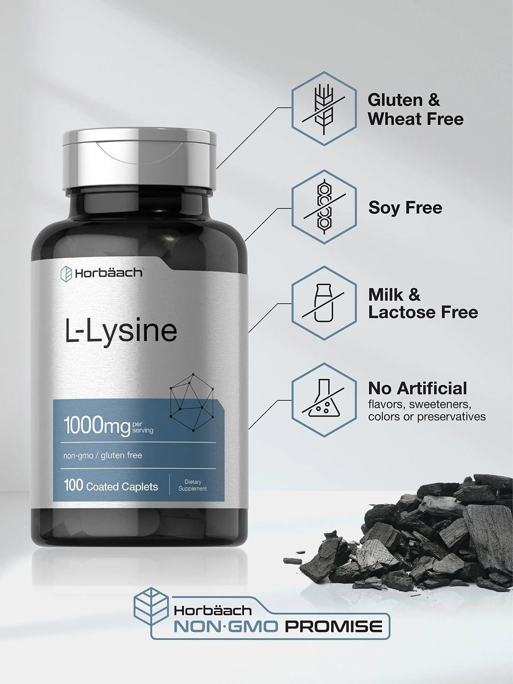 L-Lysine 1000mg | 100 Coated Caplets | Free Form Dietary Supplement | Vegetarian Horbäach Au supplements