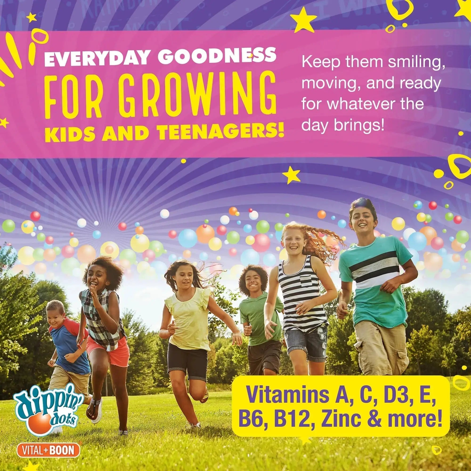 Dippin' Dots - Multivitamin Gummies for Kids Rainbow Fruit Flavor Complete Multivitamin Chewy Gummies Vitamin A, B, C, D3, E, B6, Zinc - 60 Count Vital+Boon Au supplements
