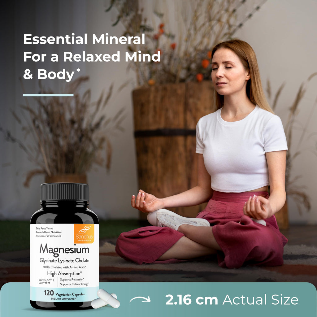 Sandhu's Magnesium Glycinate Lysinate | 120 Easy to Swallow Chelated Vegan Capsules | Magnesium Lysine Chelate Supplement for High Absorption | for Best Sleep, Leg Cramps, Relaxation Sandhu's Au supplements