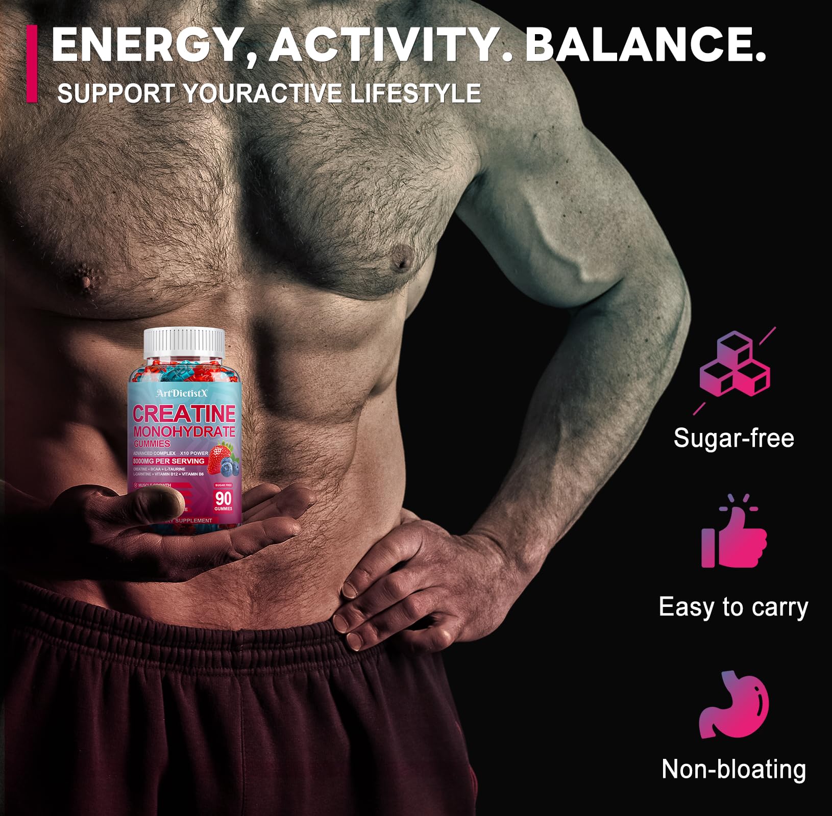 Creatine Monohydrate 8000mg Gummies with BCAA, L-Carnitine, Taurine & Vitamin B12 - Pre Workout Supplement for Muscle Growth, Strength & Energy, Multi-Flavor Chewable Gummies,