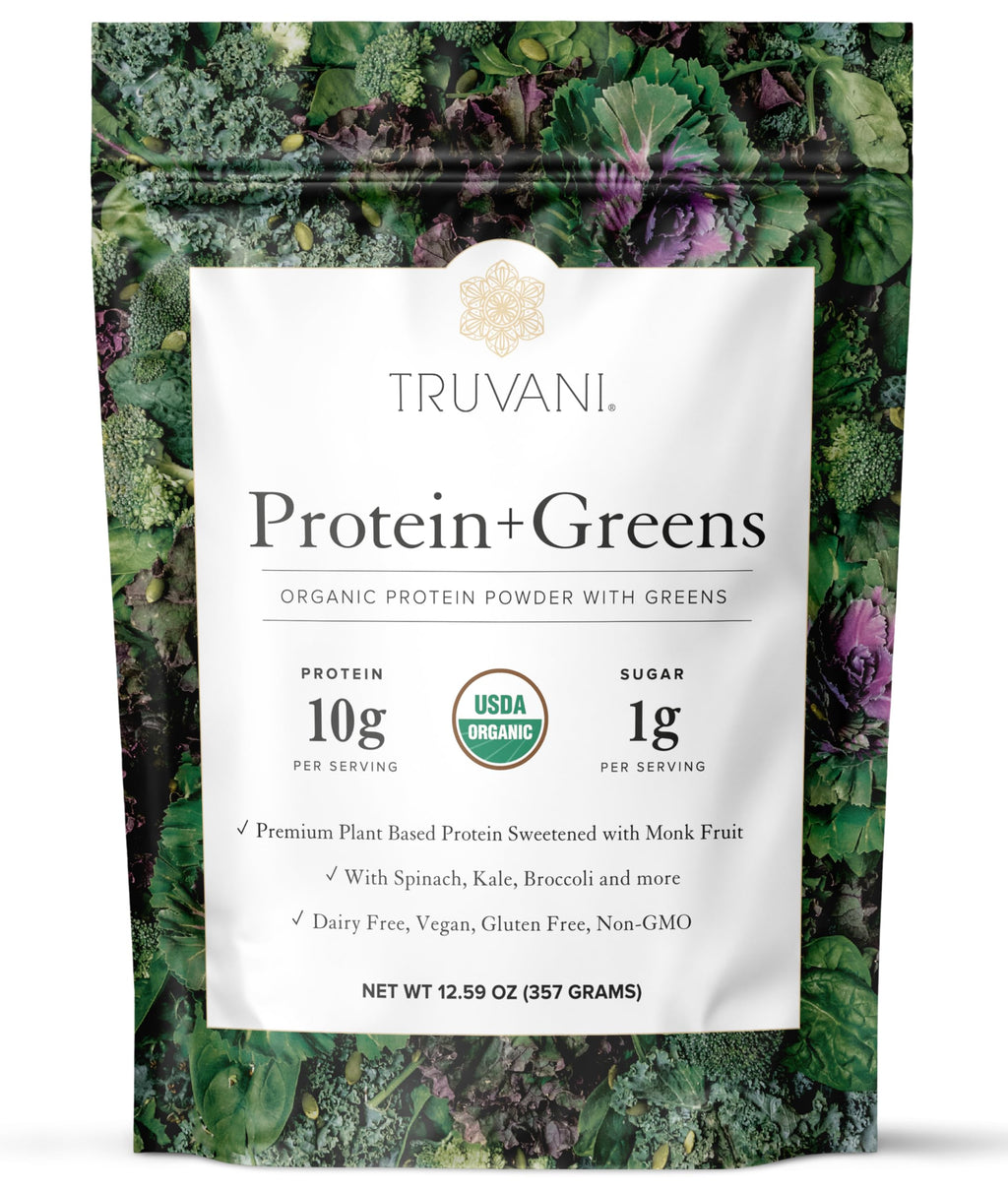 Truvani Protein + Greens Supplement | Spinach, Kale & Broccoli | 10g Organic Plant Based Protein | 20 Servings | USDA Organic | Gluten & Dairy Free