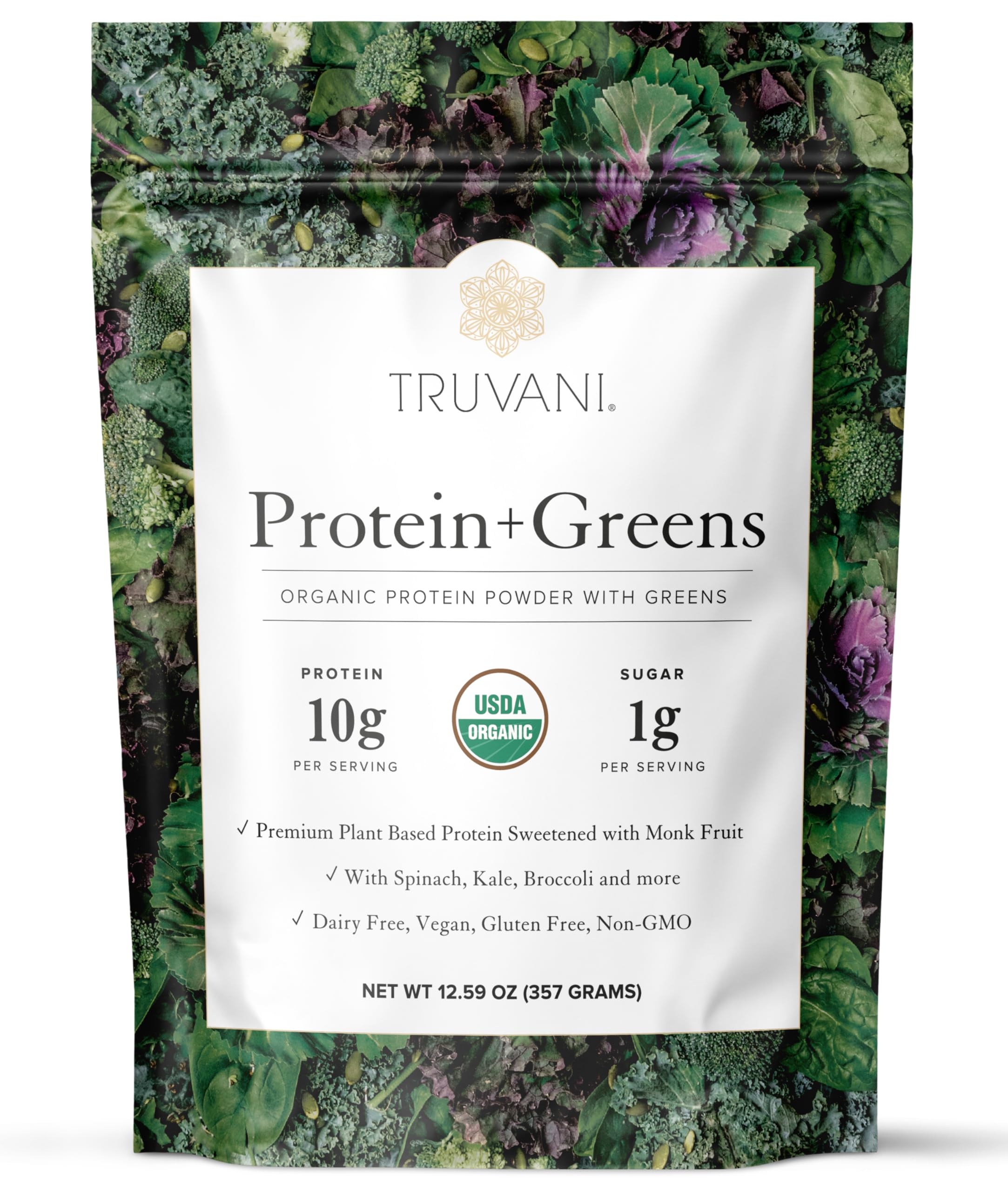 Truvani Protein + Greens Supplement | Spinach, Kale & Broccoli | 10g Organic Plant Based Protein | 20 Servings | USDA Organic | Gluten & Dairy Free