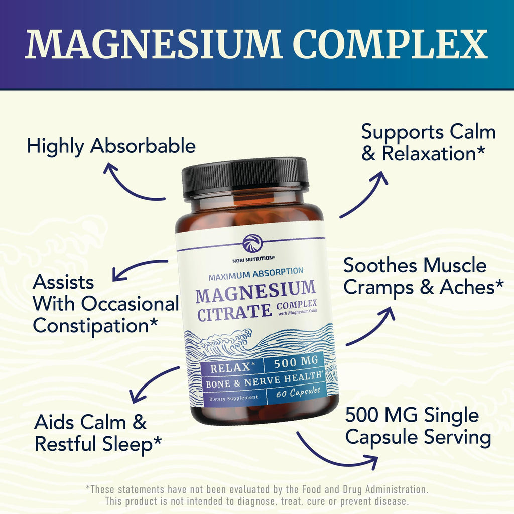 Magnesium Citrate Complex 500 MG for Calm & Relaxation | High Absorption Magnesium Supplement | Citrato de Magnesio | Constipation & Digestion Support Non-GMO Soy-Free | 60 Mag Citrate Capsules Nobi Nutrition Au supplements
