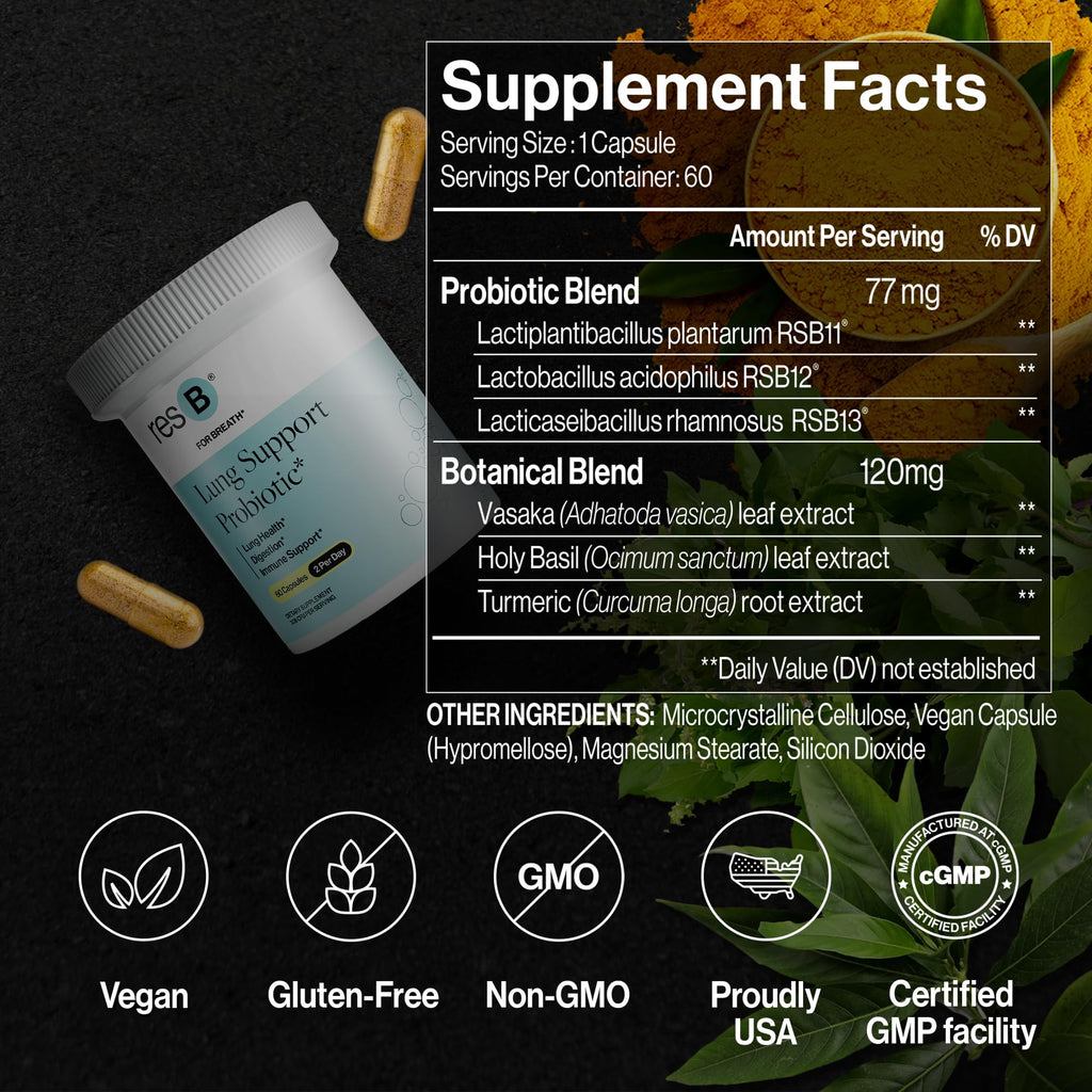 resB Lung Support Probiotic Supplement - Lung Health Supplement for Smokers, Gut Health, Immune & Digestive Support, Respiratory Care, Holy Basil & Turmeric, Clinically Trialed - 60 Capsules ResBiotic Au supplements