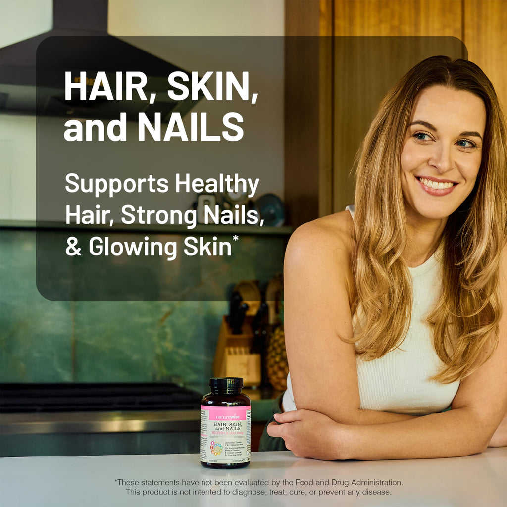 NatureWise Hair Skin and Nails Vitamin, Biotin 5000mcg w/Hyaluronic Acid, Collagen for Women with C, B Complex, D3, A, E, Iron