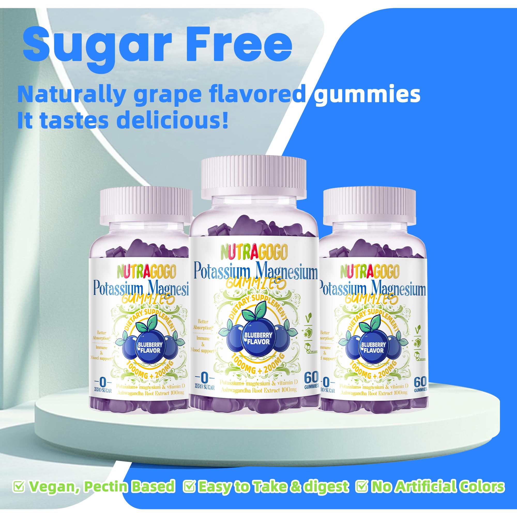 Potassium Magnesium Gummies,Potassium Supplement w/Ashwagandha,High Absorption Magnesium Glycinate,B6,D3,Potassium Citrate for Leg Cramps,Muscle,Electroyte for Adults Kids,Sugar-Free, 60 Gummies NUTRAGOGO Au supplements