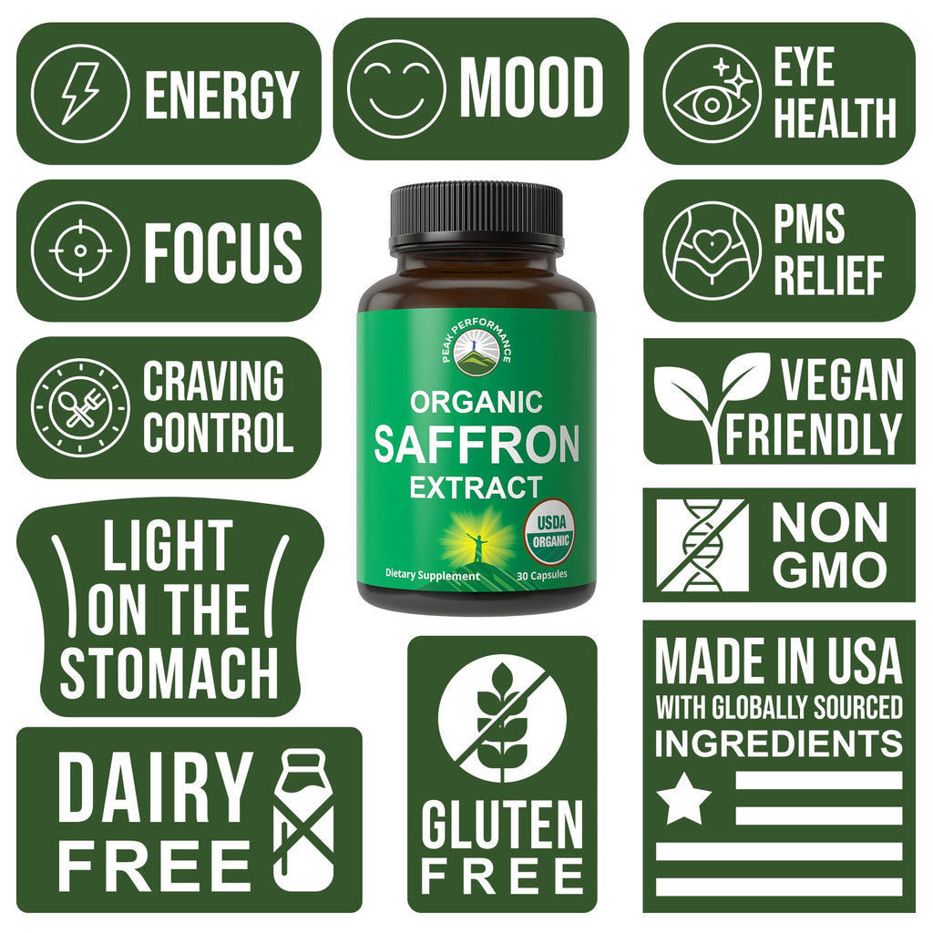 Saffron Supplements - USDA Organic Saffron Extract Capsules for Women, Men, and Kids. with Organic Prebiotic Fiber Instead of Filler. Pure and Natural for Mood, Brain, Focus, Cravings, PMS Peak Performance Au supplements