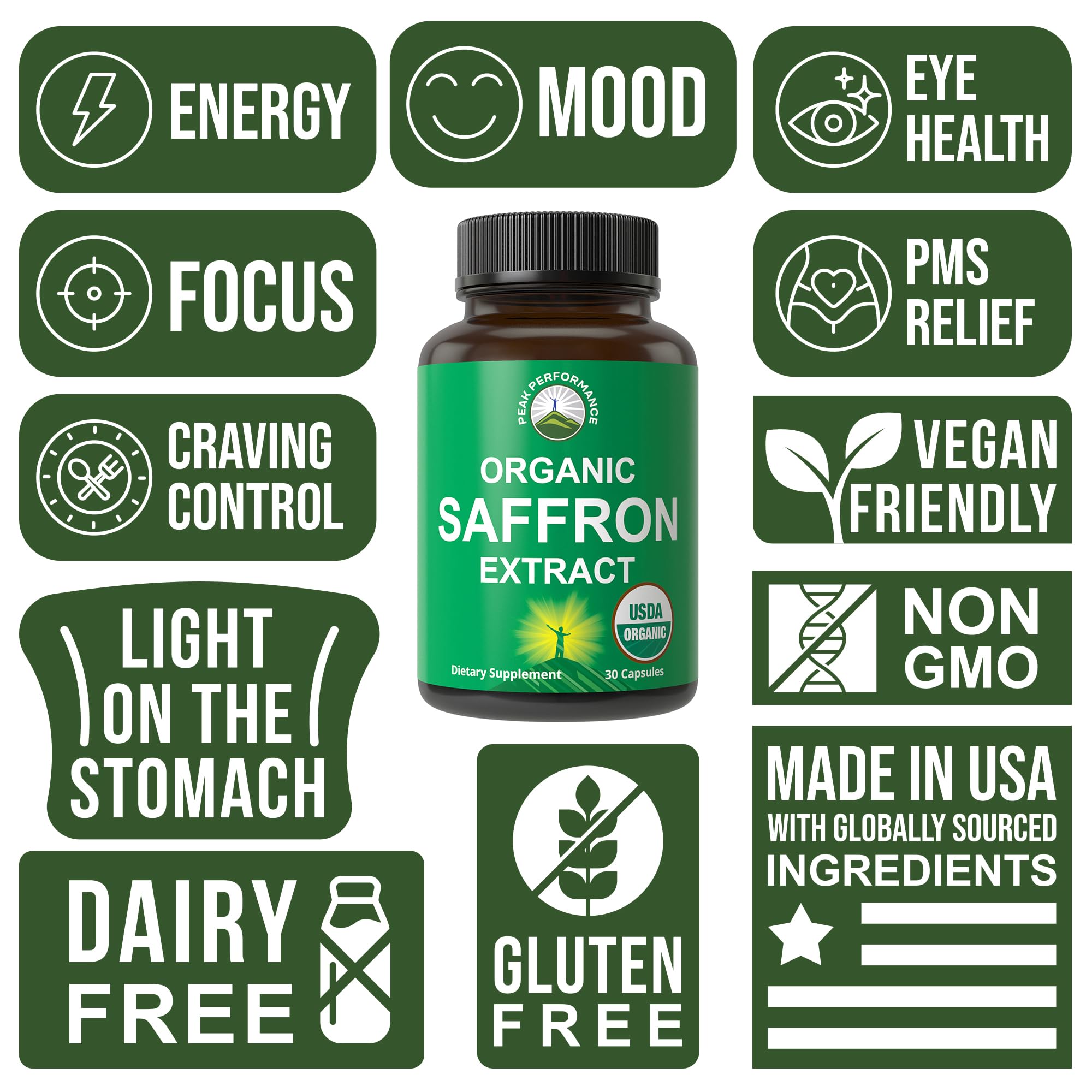 Saffron Supplements - USDA Organic Saffron Extract Capsules for Women, Men, and Kids. with Organic Prebiotic Fiber Instead of Filler. Pure and Natural for Mood, Brain, Focus, Cravings, PMS Peak Performance Au supplements