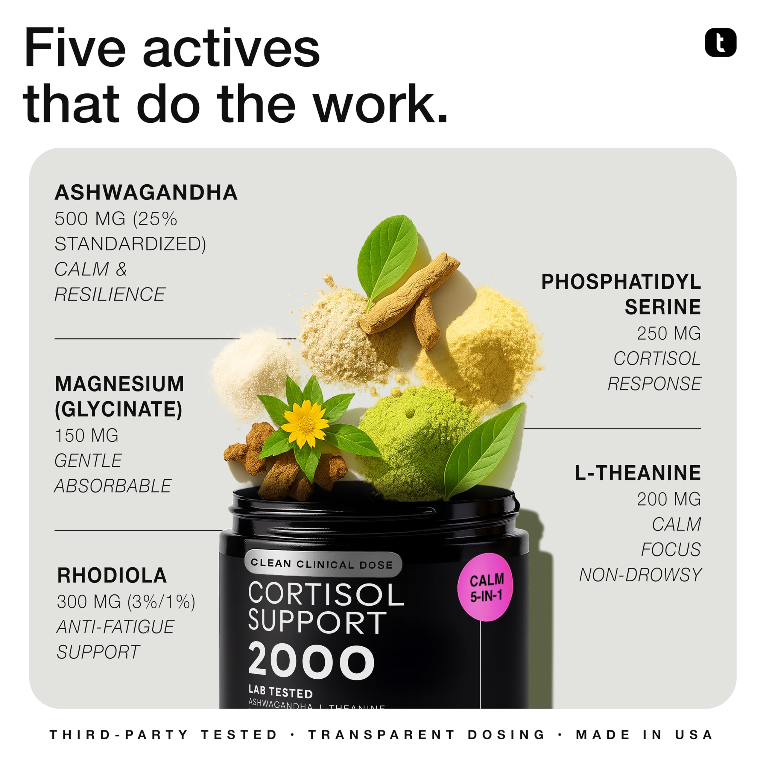Cortisol Supplement for Women and Men — Calm, Balanced-Strength 5-in-1 Non-Drowsy, Third-Party Tested with Magnesium Glycinate, Ashwagandha, L-Theanine, Phosphatidylserine, Rhodiola — 120 Capsules Toniiq Au supplements