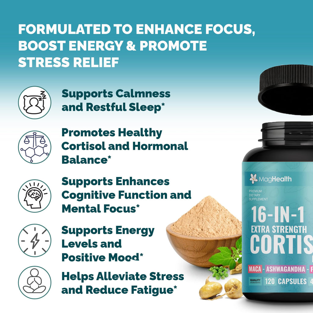 Cortisol Complex 16-in-1 Supplement for Women & Men | Stress Support Manager with Organic Ashwagandha, Maca Root, Rhodiola Rosea & Shilajit | Adaptogen Blend for Balance & Energy | 120 Capsules MagHealth Au supplements