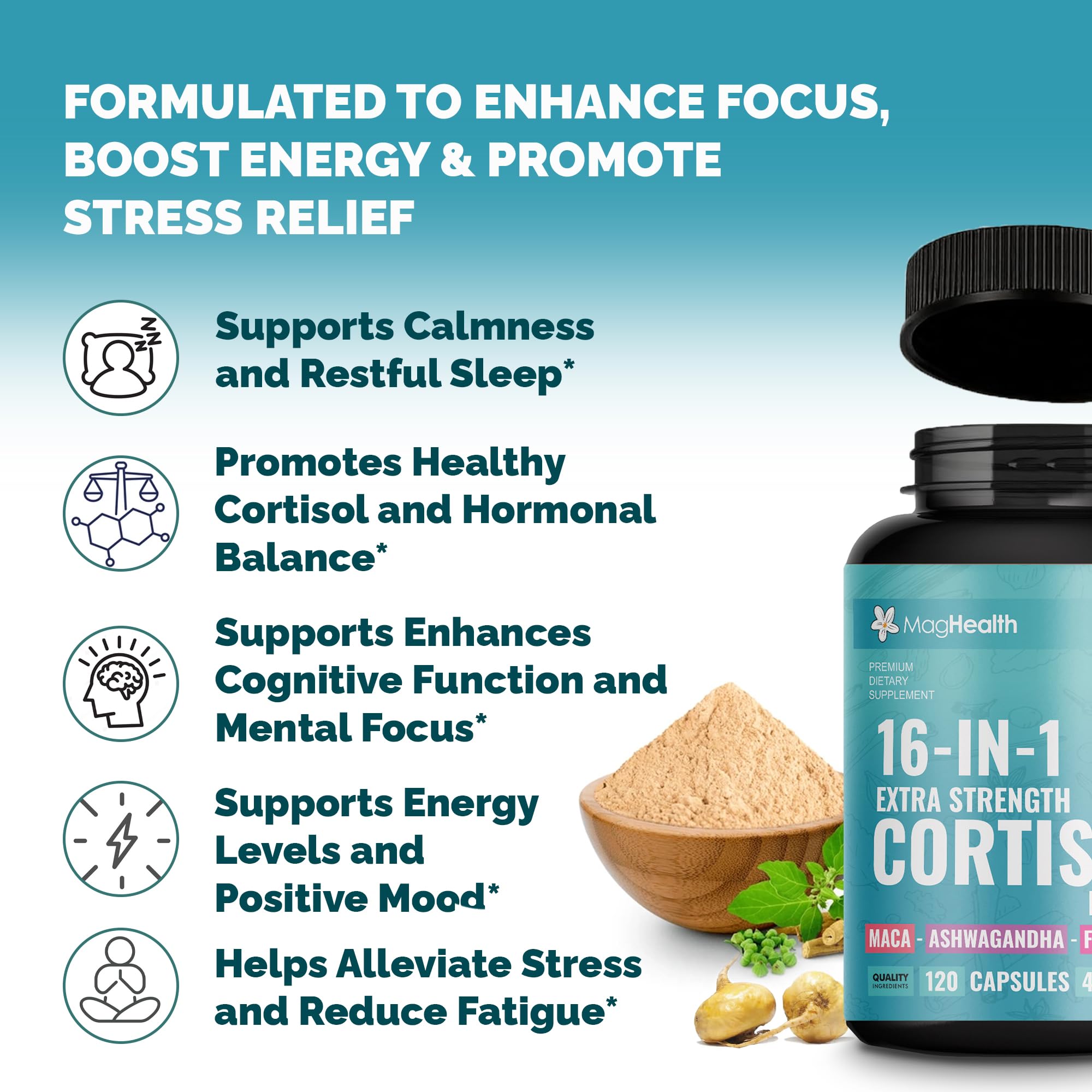 Cortisol Complex 16-in-1 Supplement for Women & Men | Stress Support Manager with Organic Ashwagandha, Maca Root, Rhodiola Rosea & Shilajit | Adaptogen Blend for Balance & Energy | 120 Capsules MagHealth Au supplements