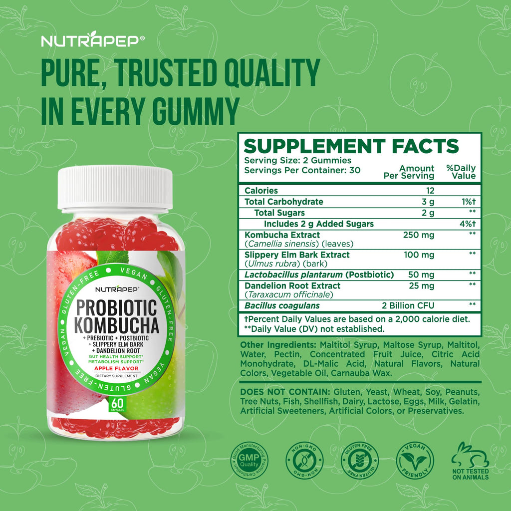 NutraPep Probiotic Kombucha Gummies - Women Men Probiotic Prebiotic Probiotic Blend for Gut Health Bloating Metabolism Support with Slippery Elm Bark Dandelion Root - Vegan Gluten Free Apple Flavor NutraPep Au supplements