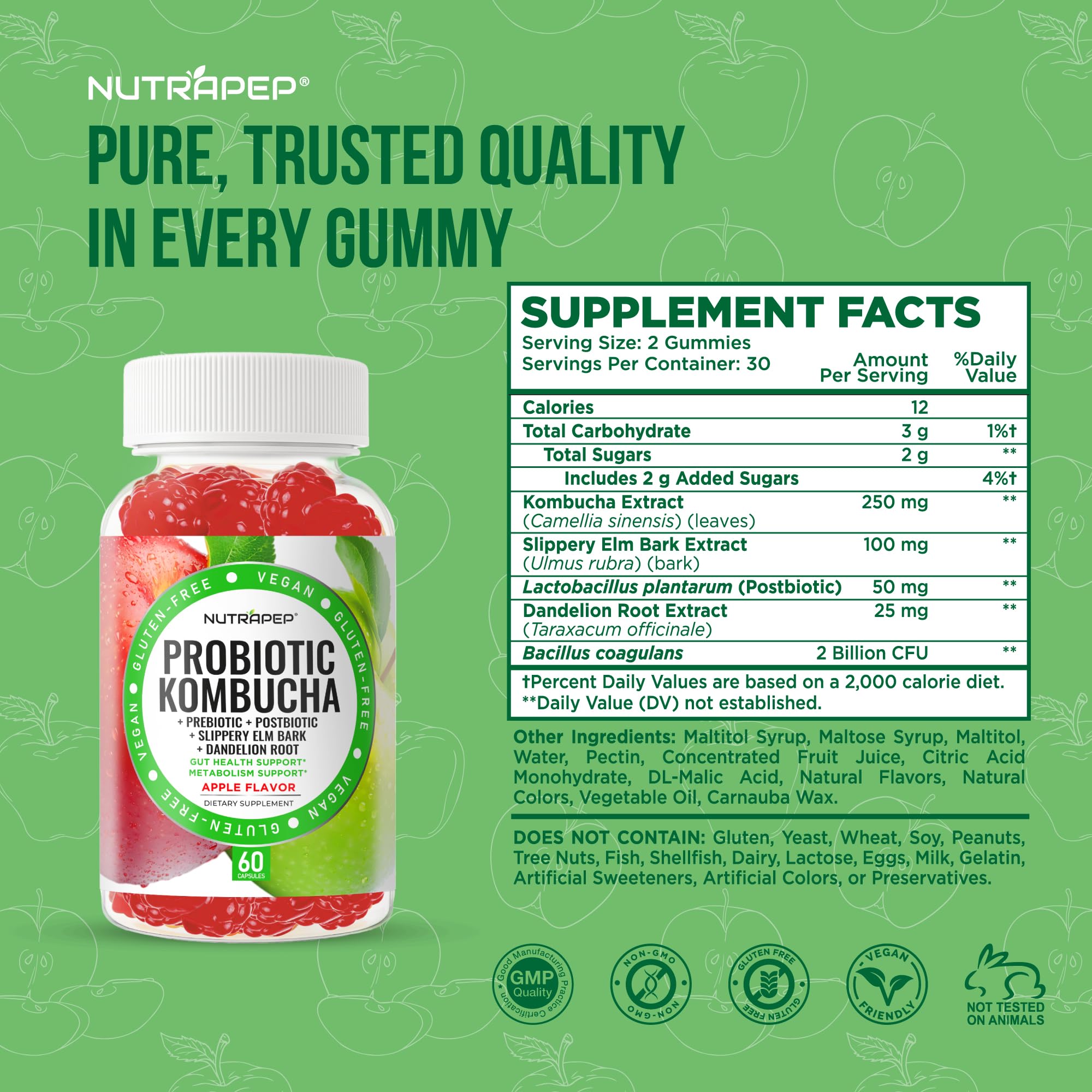 NutraPep Probiotic Kombucha Gummies - Women Men Probiotic Prebiotic Probiotic Blend for Gut Health Bloating Metabolism Support with Slippery Elm Bark Dandelion Root - Vegan Gluten Free Apple Flavor NutraPep Au supplements