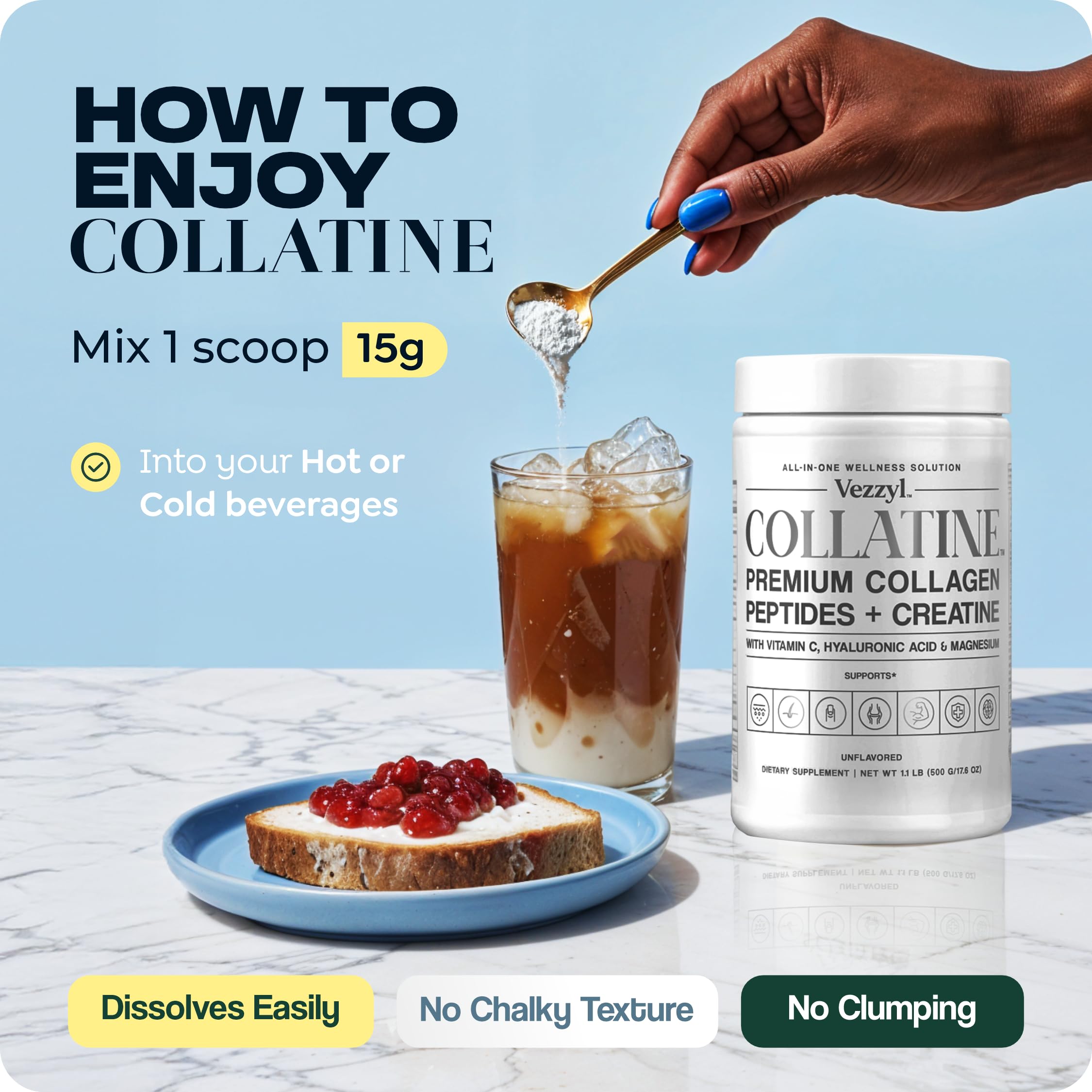 Vezzyl - Collatine - Premium Collagen Peptides + Creatine with Vitamin C, Hyaluronic Acid and Magnesium for Skin, Hair, Nails, Bone & Joint, Muscle, Immune and Cognitive Aid (.55 LB (250 G/8.8 OZ) Vezzyl Au supplements