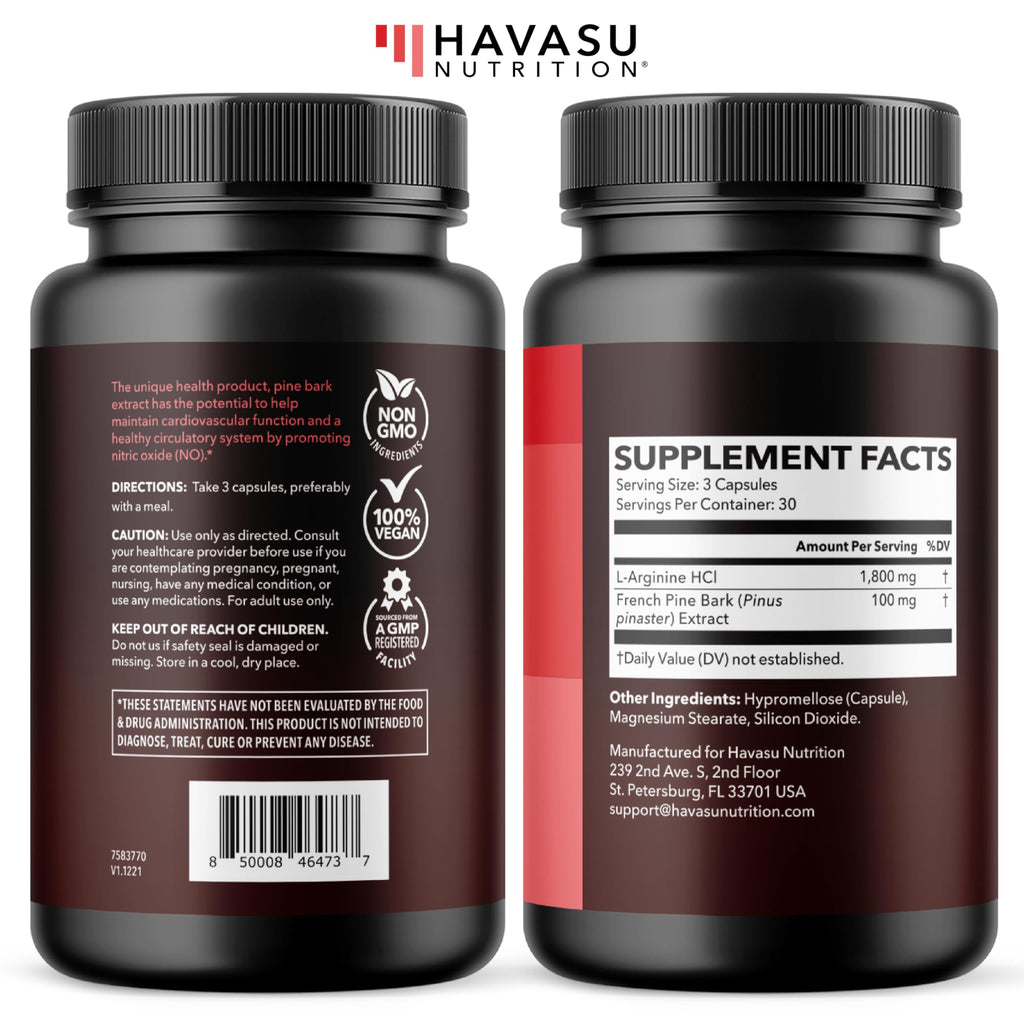 L-Arginine 1800mg and Pine Bark Extract 100mg - Nitric Oxide Supplement for Men - Performance Supplement for Men's Health - 90 Count - Endurance, Recovery Support