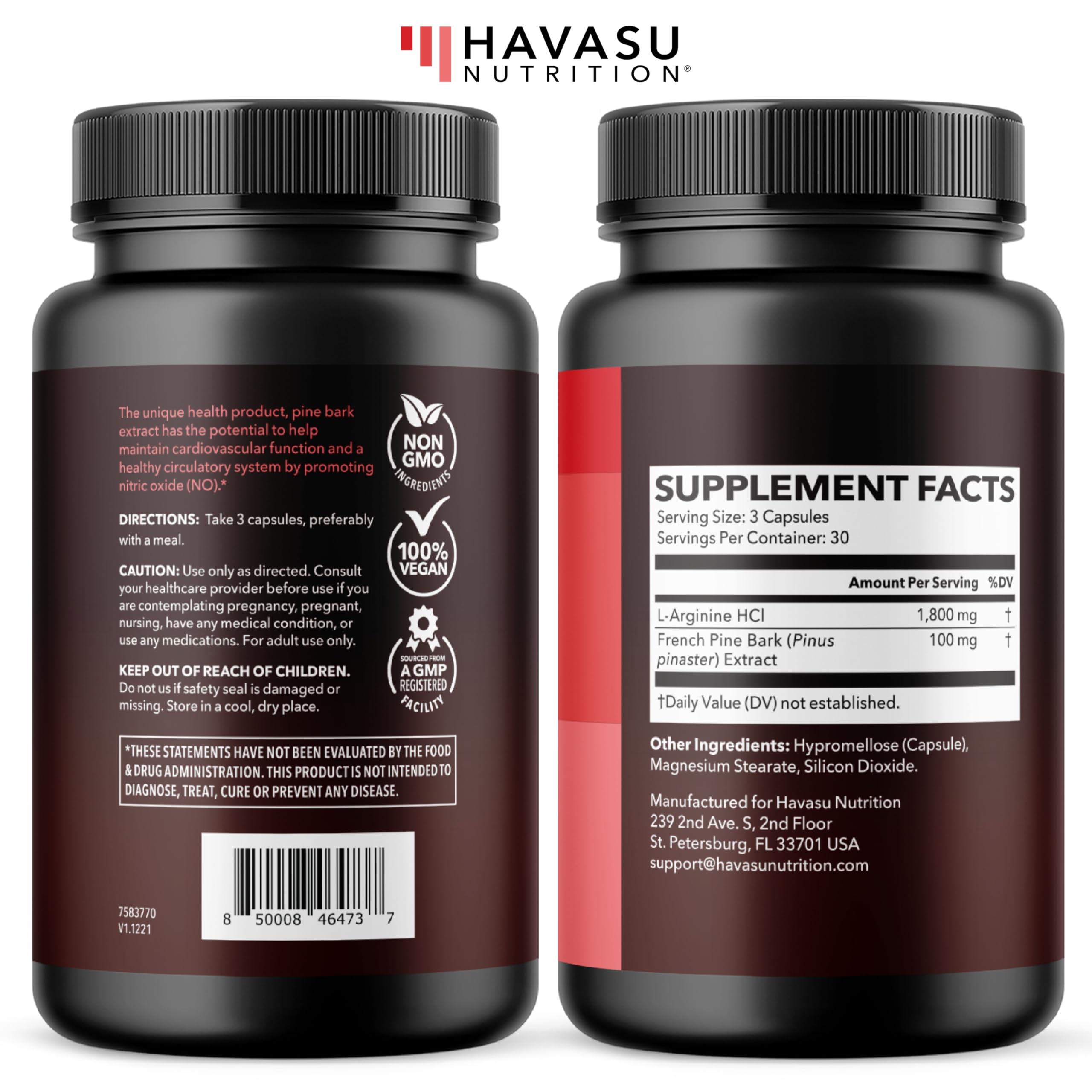 L-Arginine 1800mg and Pine Bark Extract 100mg - Nitric Oxide Supplement for Men - Performance Supplement for Men's Health - 90 Count - Endurance, Recovery Support